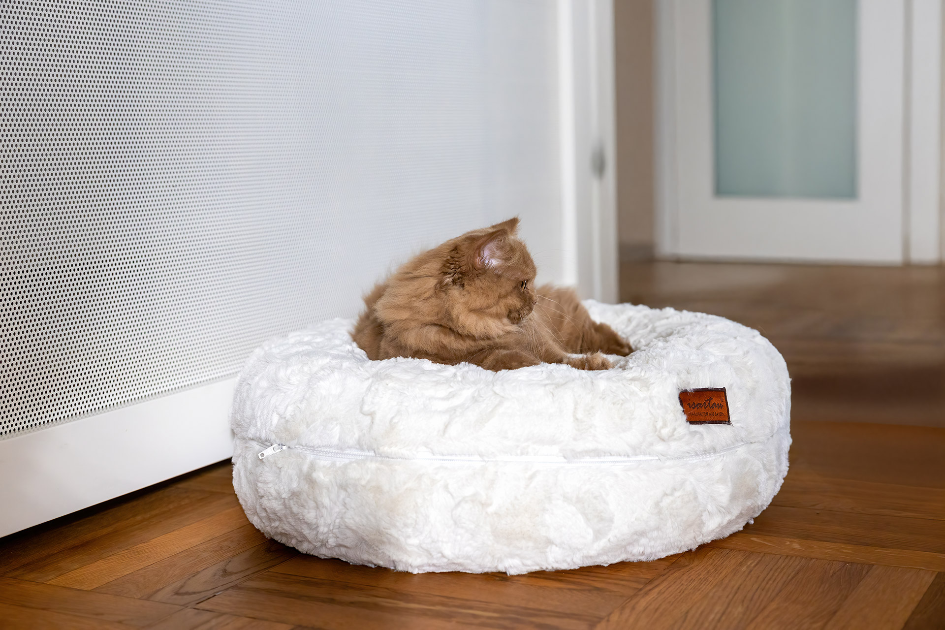 Katze in runden Bagelbettchen Wollweiß