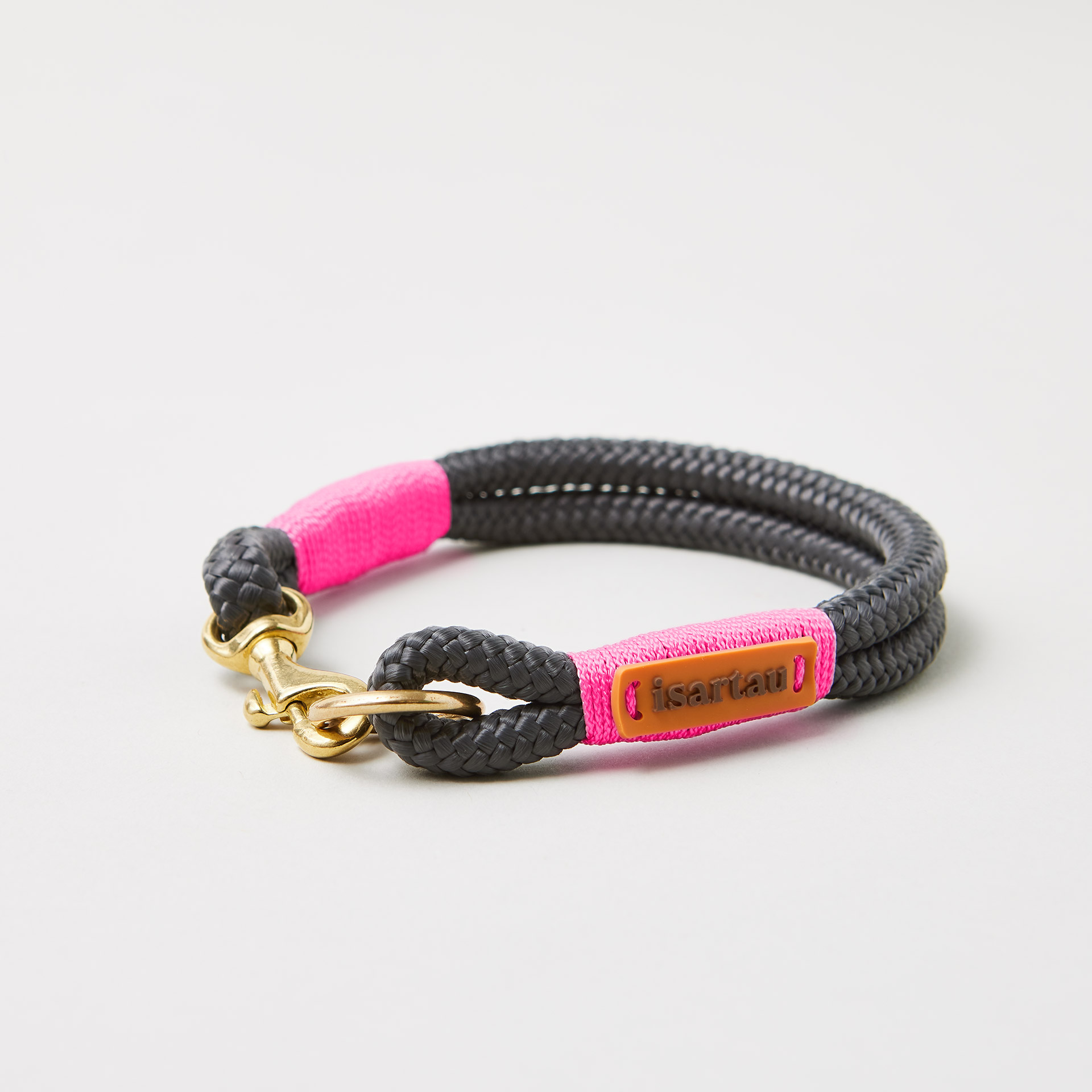 Hundehalsband Feste Halsung Heavens Rock 8 mm, Messing-Beschläge, dunkelgraues Tau mit neonpinker Takelung