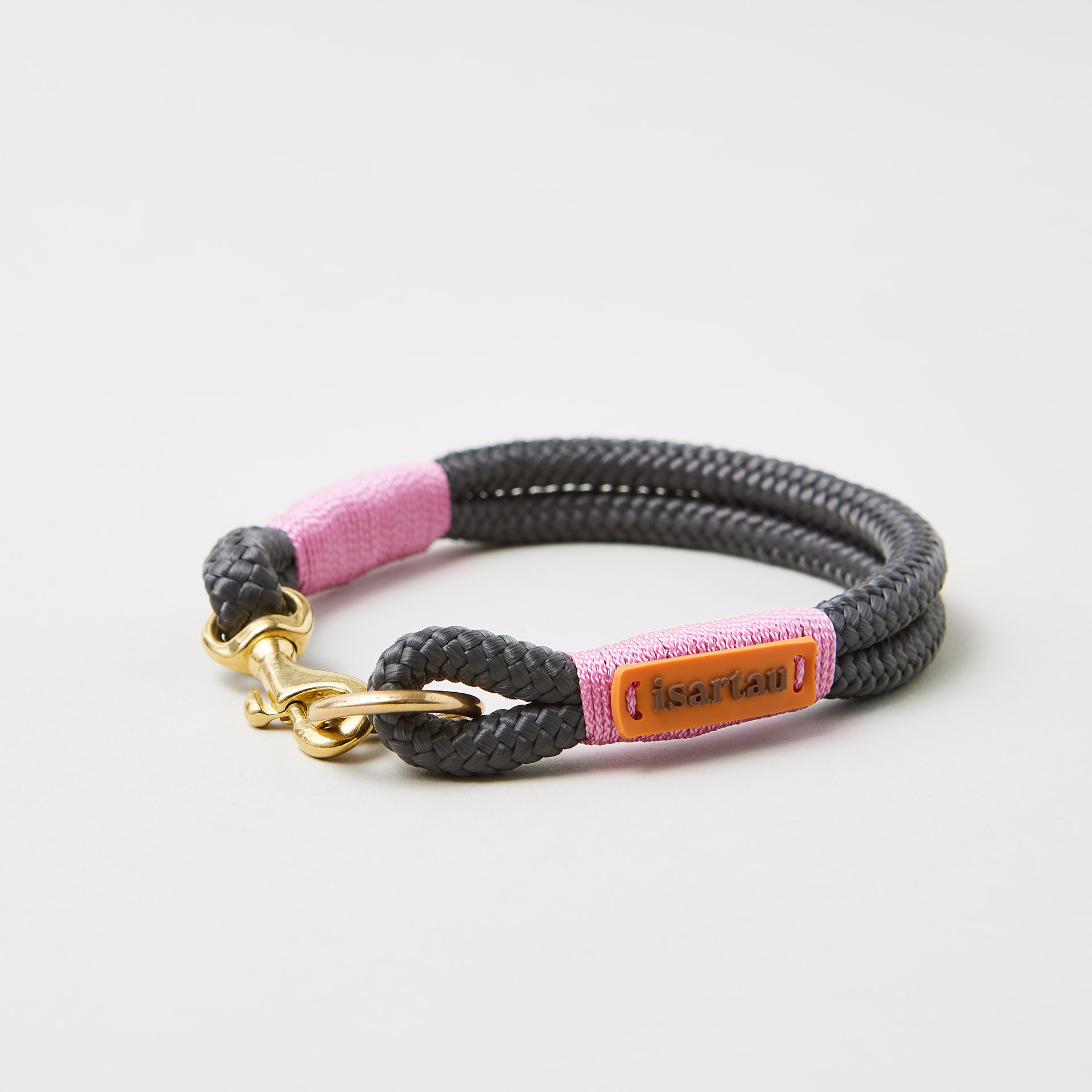 Hundehalsband Feste Halsung Heavens Rock Rose 8 mm, Messing-Beschläge, dunkelgraues Tau mit rosafarbener Takelung