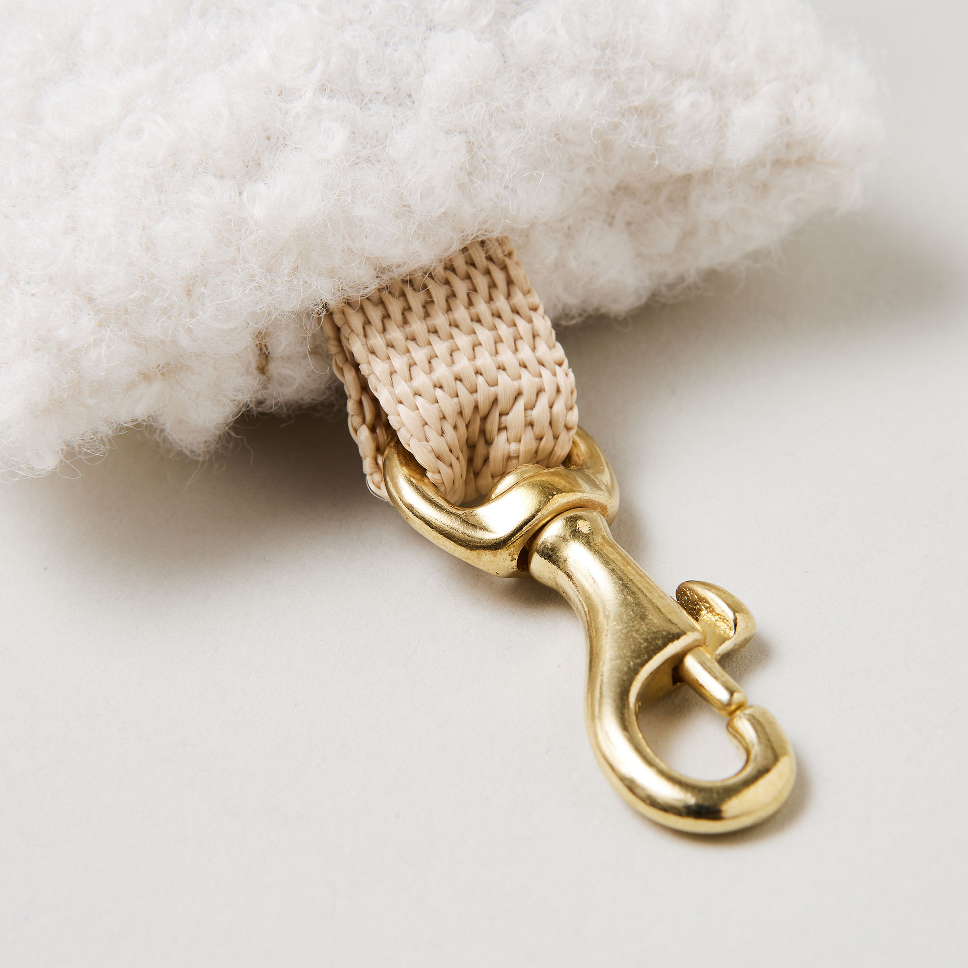 Detailaufnahme: Kleiner Karabiner an Kotbeutelspender Wooly zum fixieren an der Leine oder Tasche, Messing