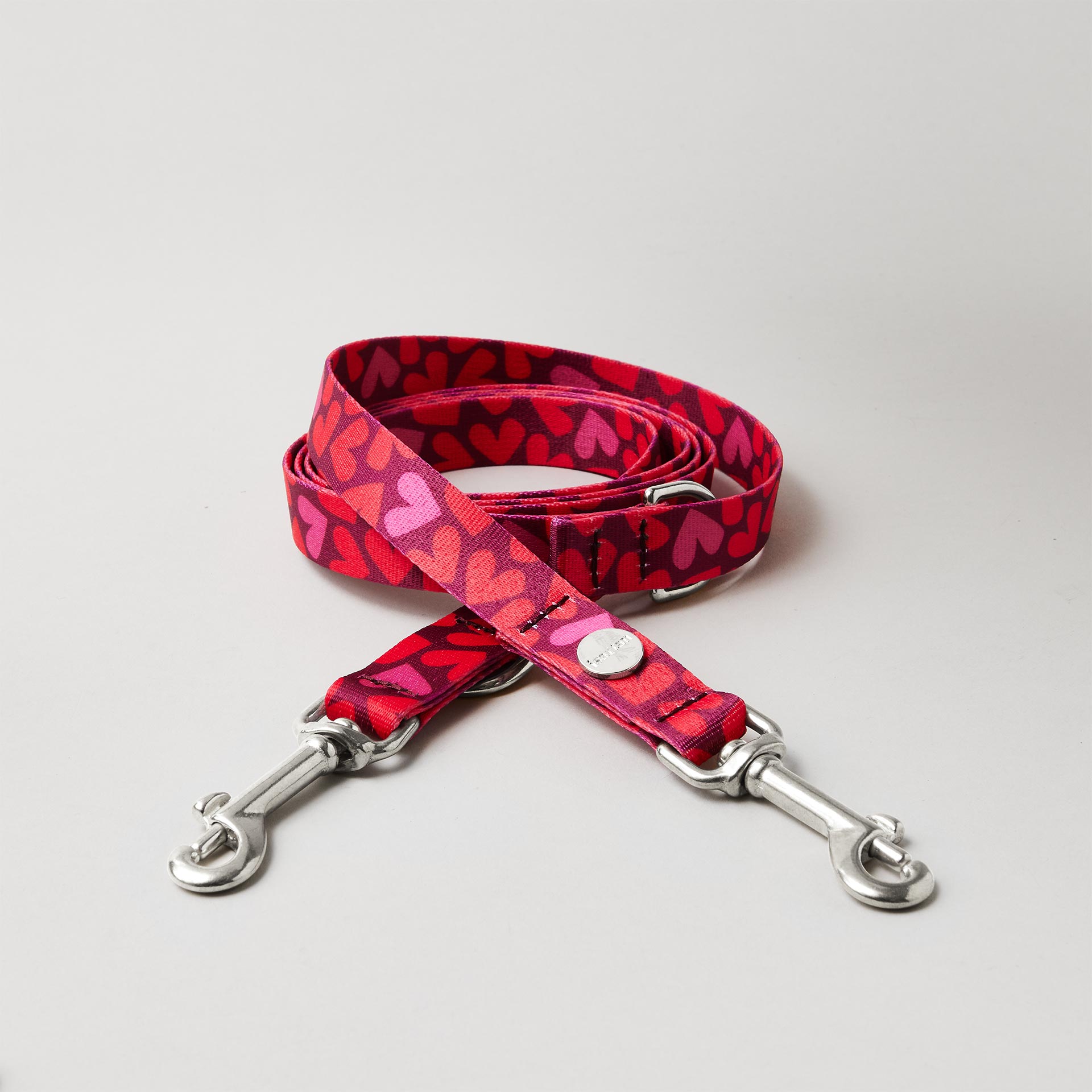 Verstellbare Hundeleine Herzklopfen 20mm breites Gurtband mit roten Herzen silberfarbene Karabiner