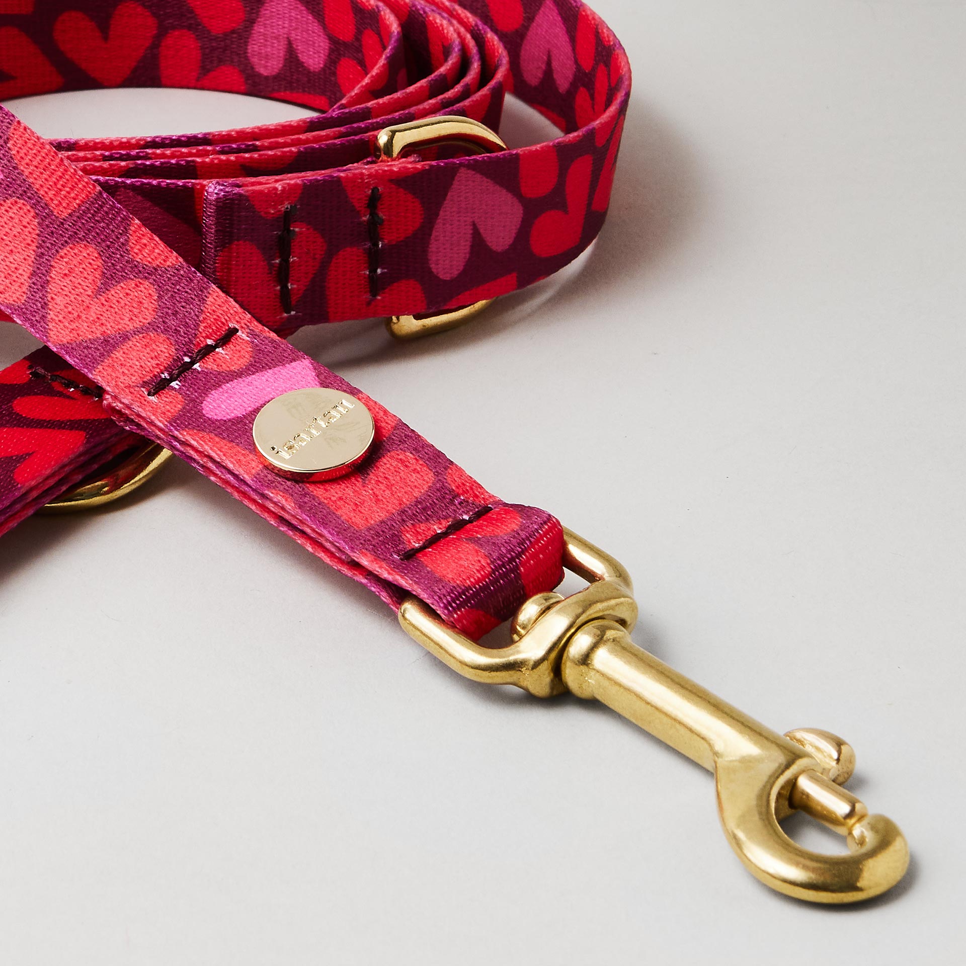 Detail verstellbare Hundeleine Herzklopfen 20mm breites Gurtband mit roten Herzen goldfarbene Karabiner