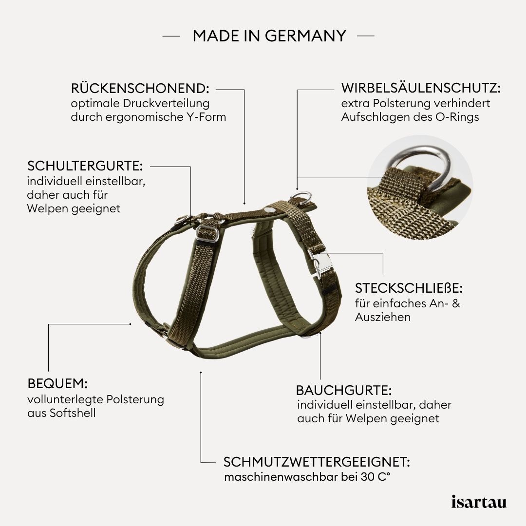 Silberfarbene verstellbare Schieber im Schulterbereich des olivfarbenen Hundegeschirrs