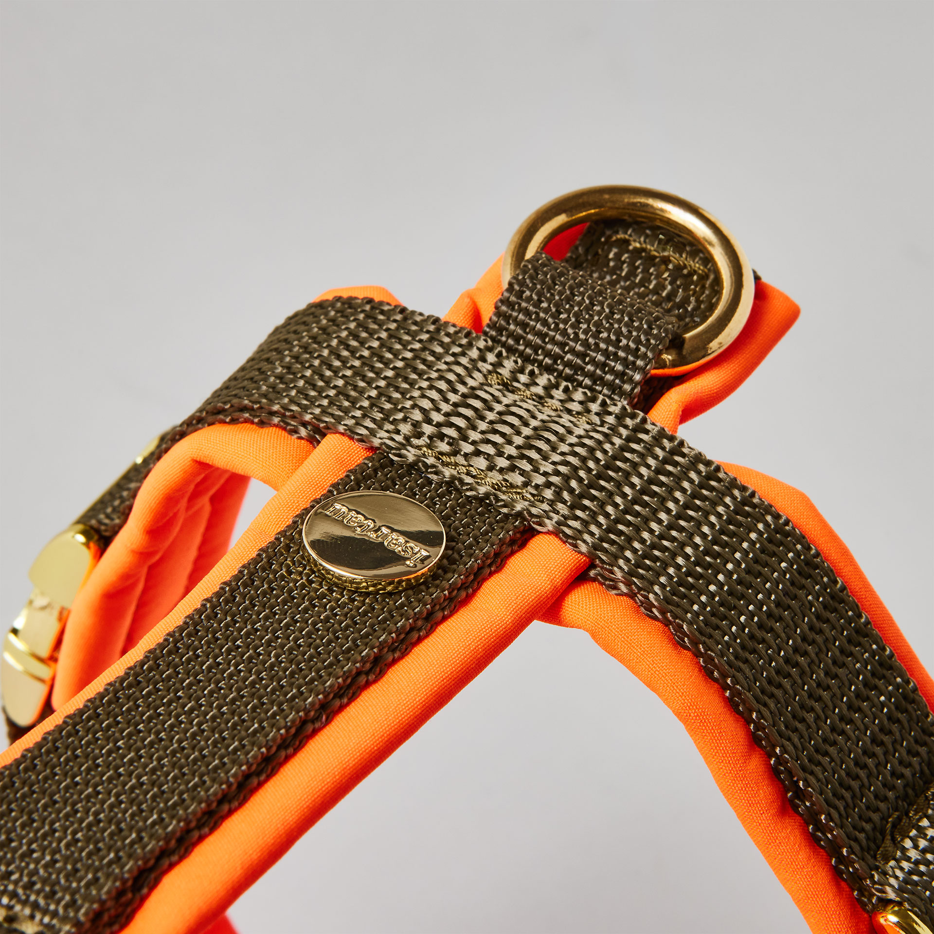 Rückenstück des zweifarbigen Hundegeschirrs Softie Neonorange Oliv mit neonoranger Polsterung, olivfarbenem Gurtband, gepolstertem O-Ring und Logo-Niete, goldfarben