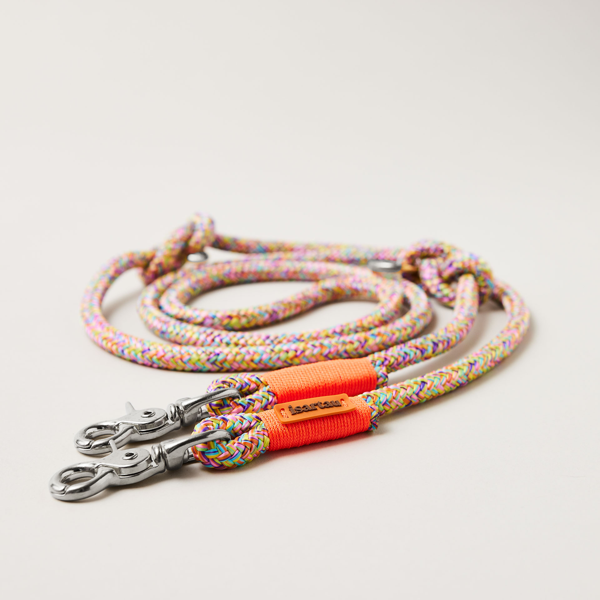 Hundeleine aus Tau Easy Summer Neonorange 10 mm verstellbar mit silberfarbenen Scherenkarabiner, buntes Tau mit neonoranger Takelung, Längenverstellbar über Knoten