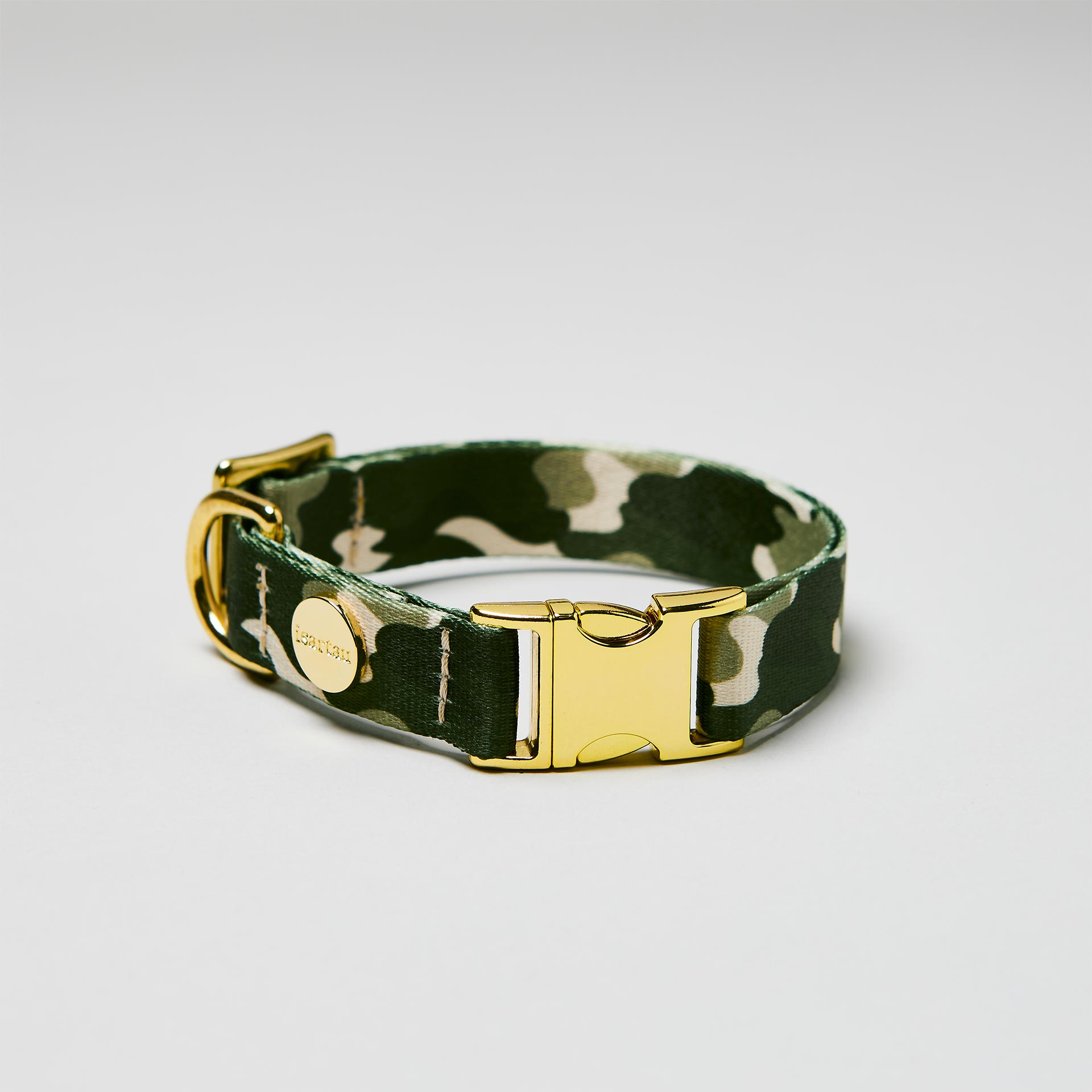 Verstellbares Welpenhalsband „Entdecker“ mit goldfarbener Schließe, Gurtband mit Camouflage-Motiv.