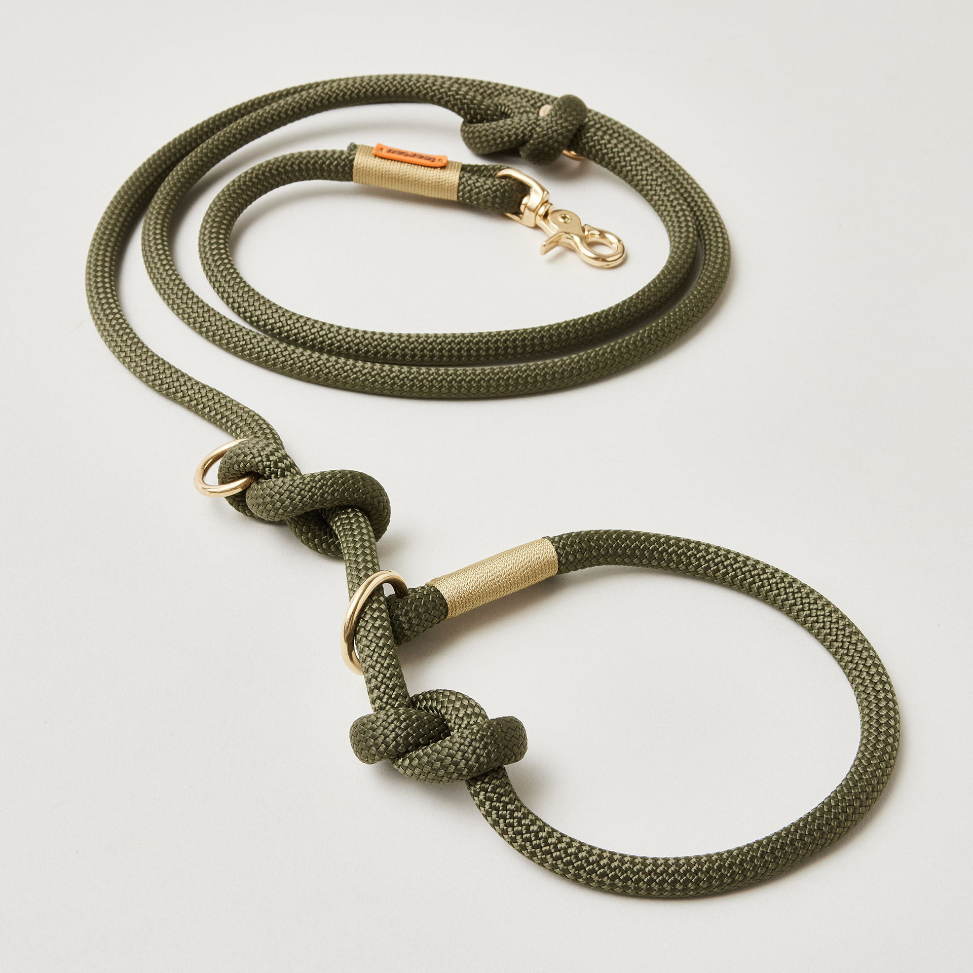 Retrieverleine aus Kletterseil Olive Grove Gold, Halsung mit integrierter Leine, goldene Messingkarabiner, 2-fach längenverstellbar, erhältlich in 10 mm