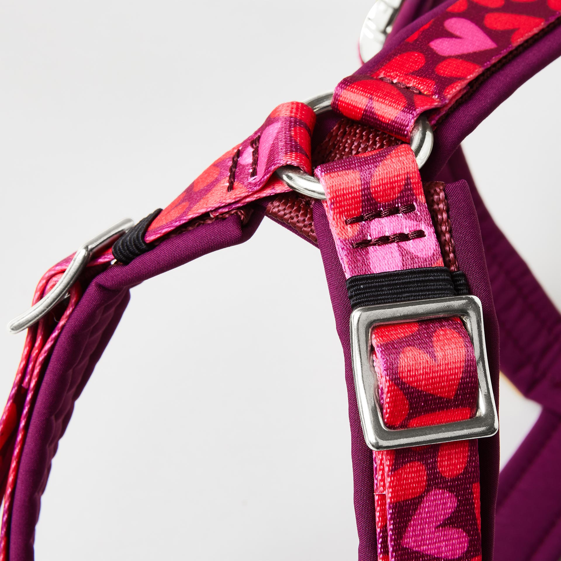 Detail verstellbares gepolstertes Hundegeschirr Herzklopfen mit silberfarbenem Gurtbandschieber zur Größenanpassung