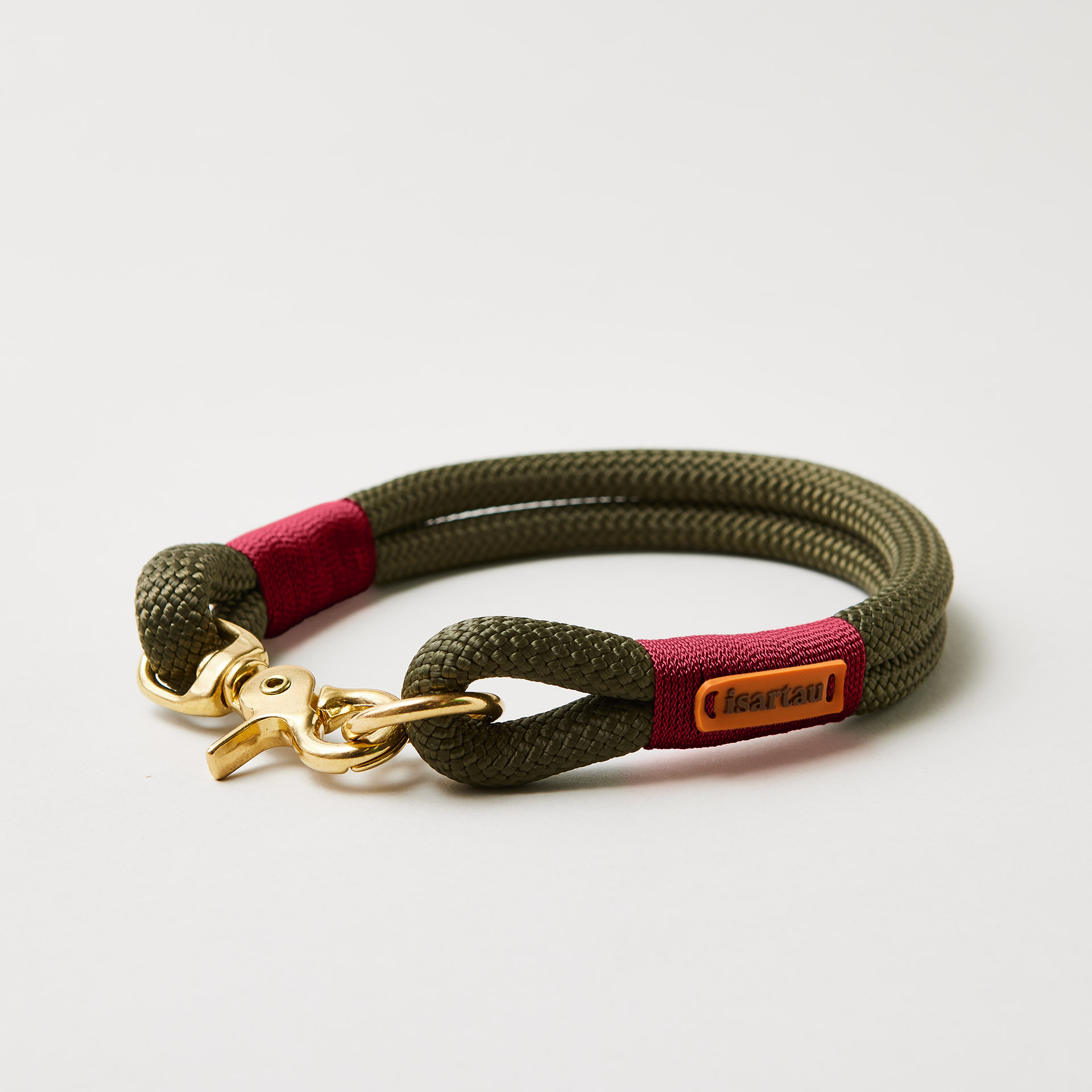 Hundehalsband Olive Grove Burgunder 10 mm mit Messing-Beschlägen, olivfarbenes Kletterseil mit weinroter Takelung