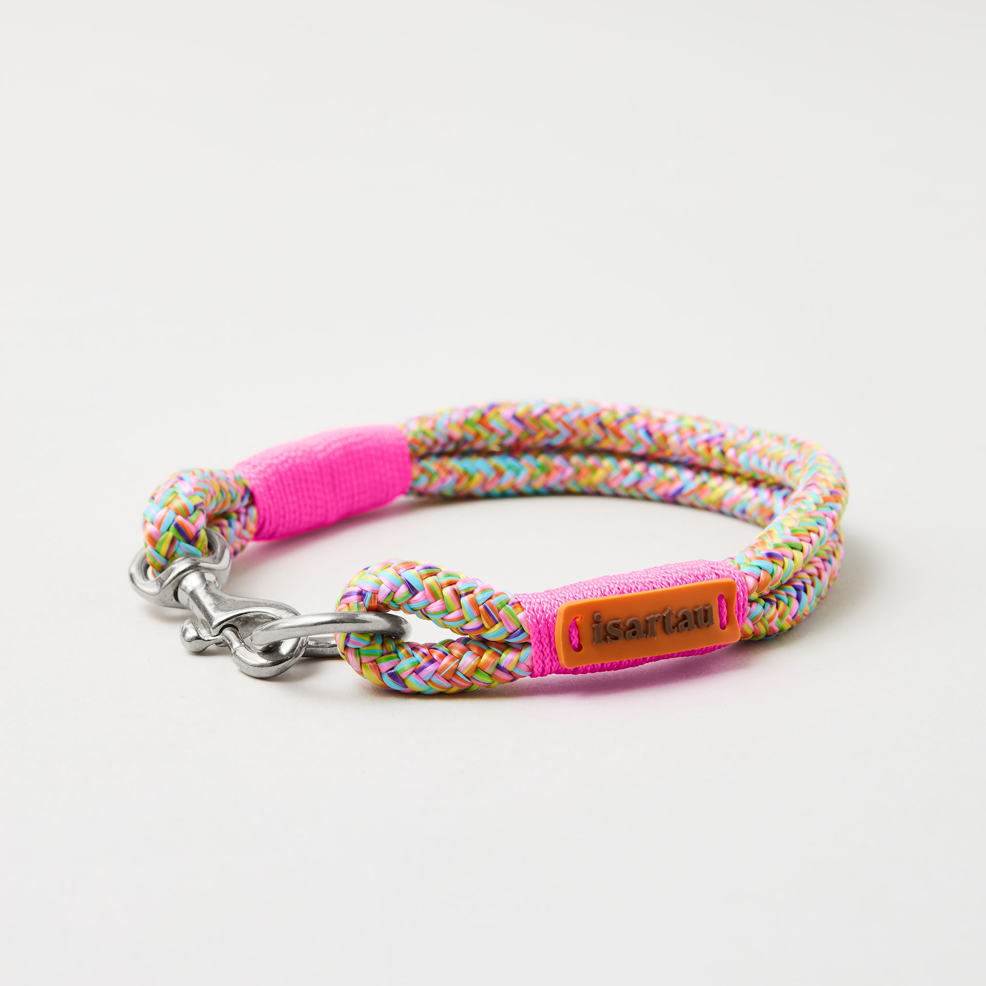 Tauhalsband Feste Halsung Easy Summer Neonpink 8 mm, silberfarbene Beschläge, buntes Tau mit neonpinker Takelung