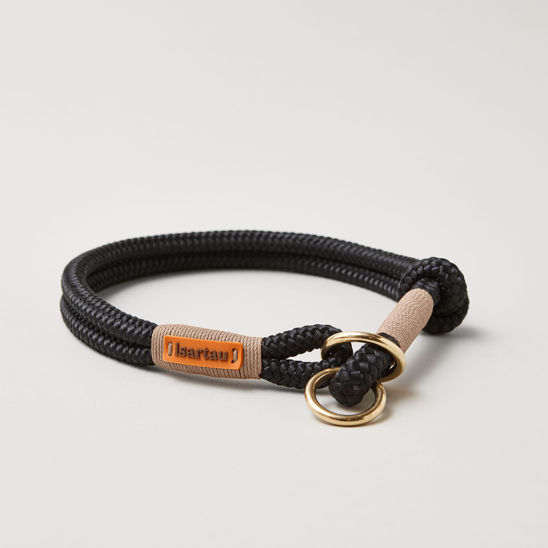 Tauhalsband Zugstopp Black Mamba Beige 8 oder 10 mm goldene Beschläge schwarzes Tau mit beiger Takelung