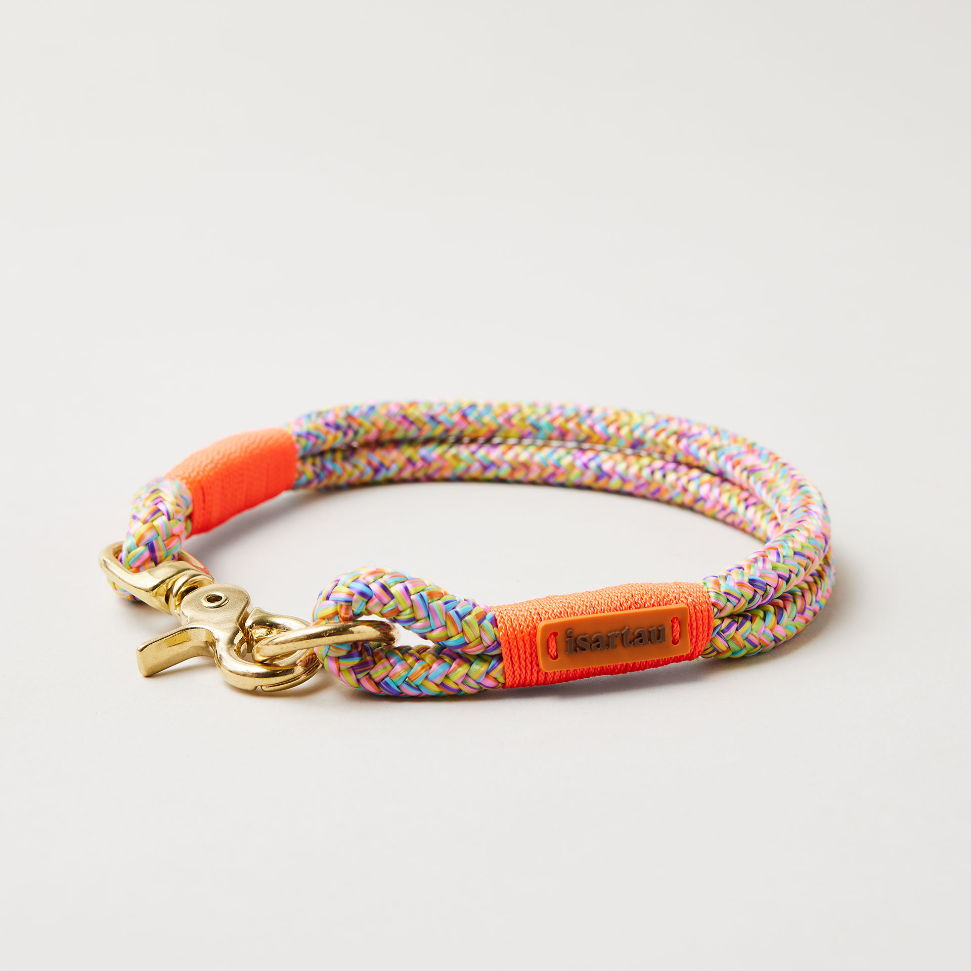 Hundehalsband aus Tau Easy Summer Neonorange 10 mm mit Messing-Beschlägen, buntes Tau mit neonoranger Takelung