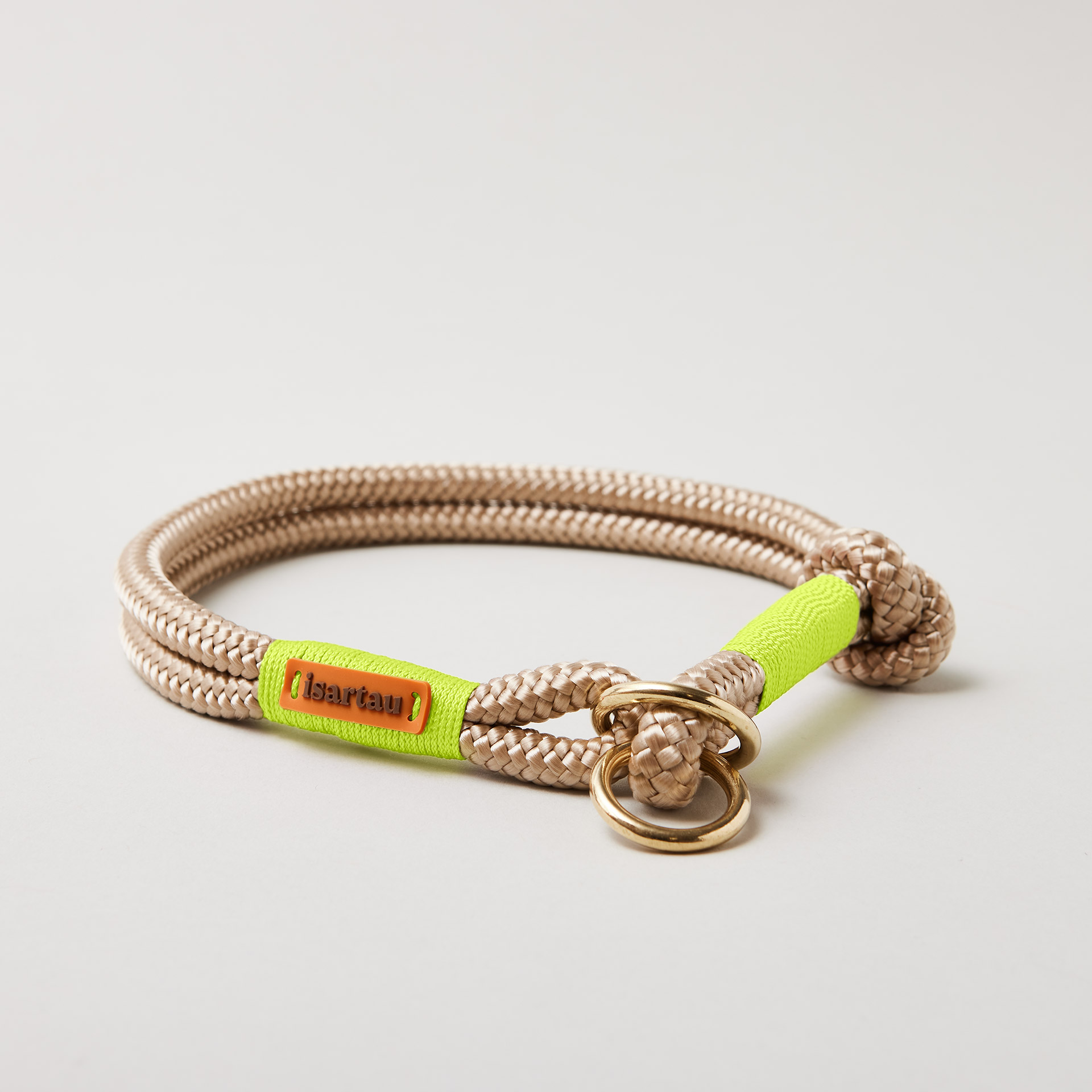 Tauhalsband Zugstopp Wood Owl Neongelb 8 und 10 mm mit Messing-Beschlägen, beiges Tau mit neongelber Takelung