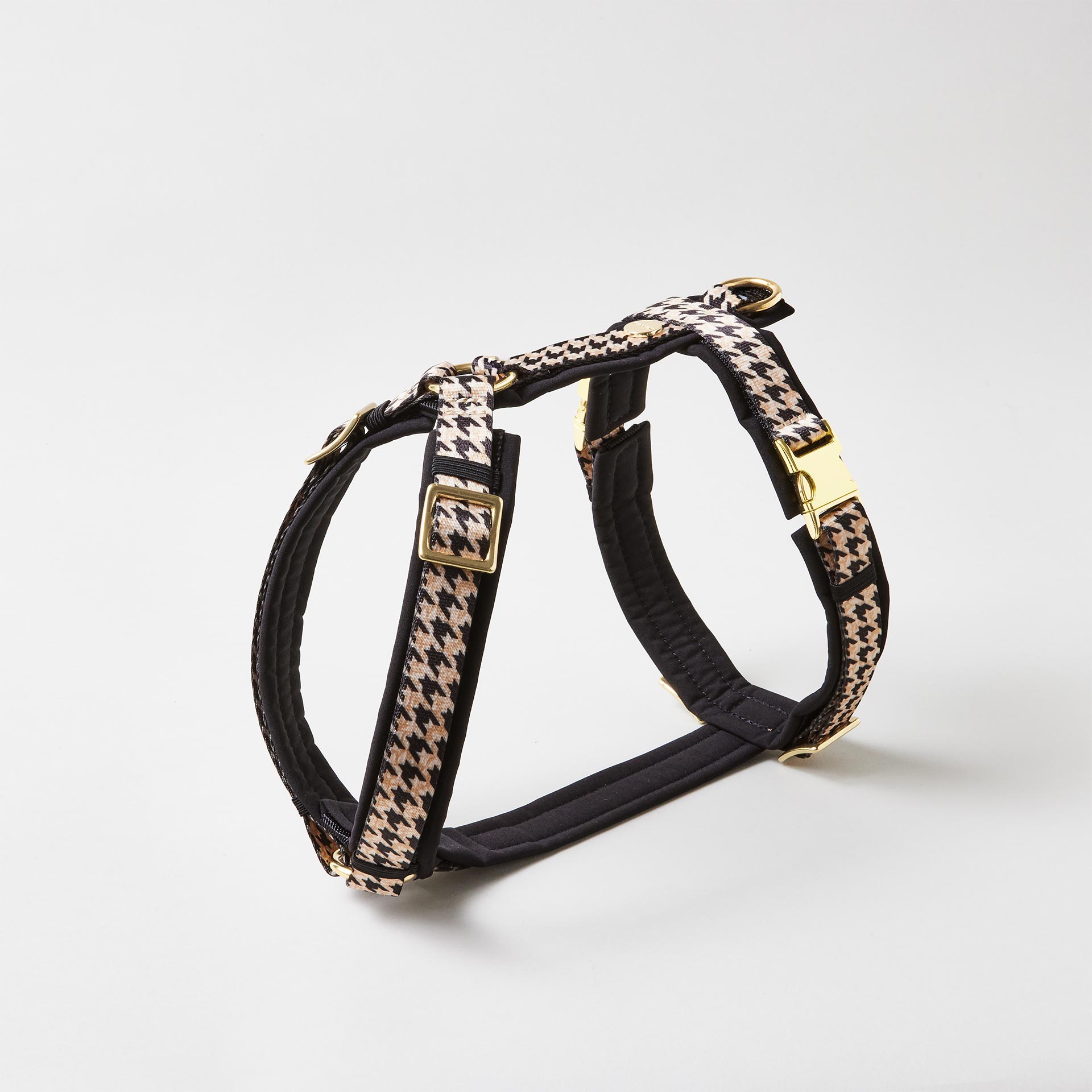 Gepolstertes Y-Hundegeschirr im Design Stadtgeflüster mit Hahnentritt Motiv verstellbaren Schiebern und goldfarbenen Steckschließen