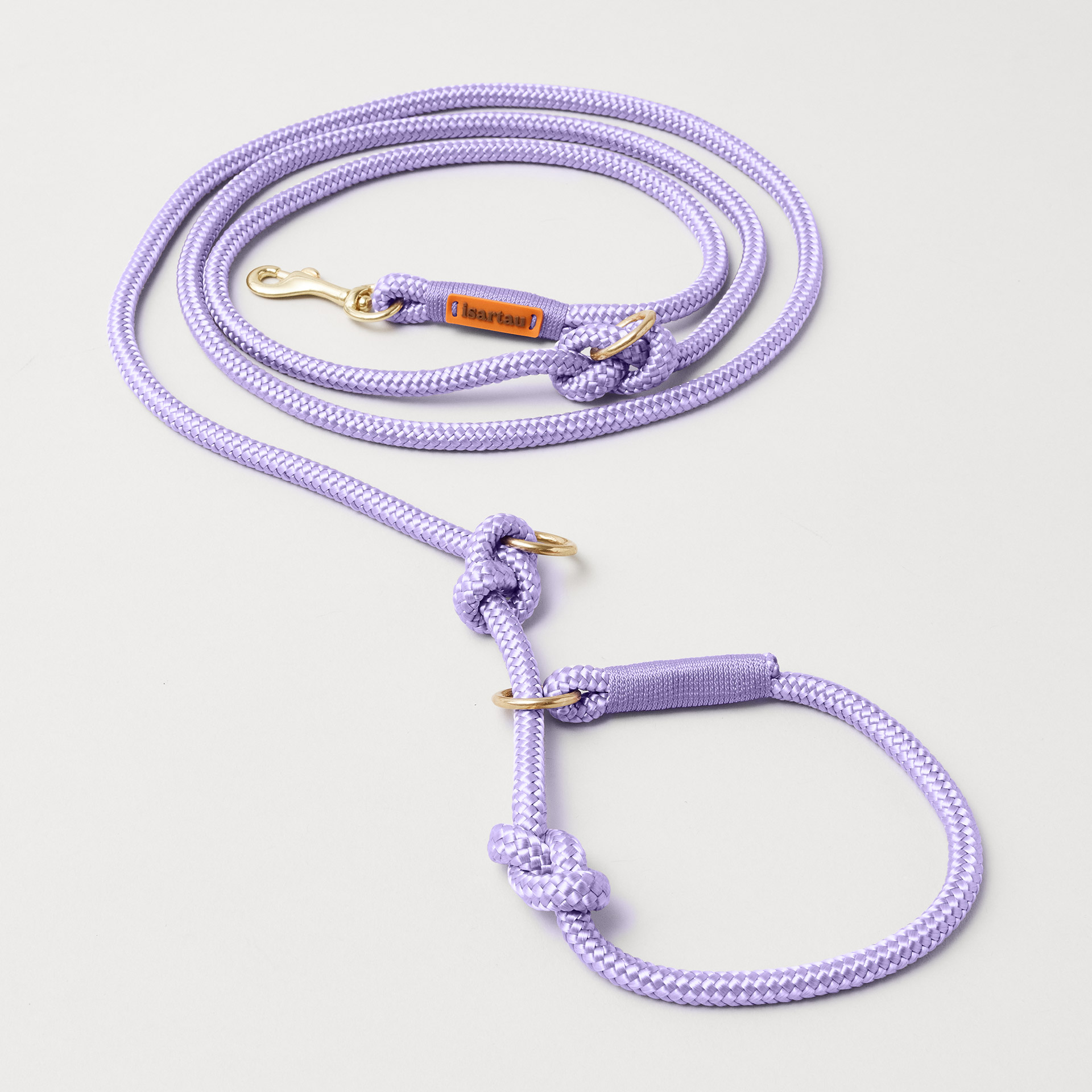 Retrieverleine aus Tau Very Peri Lavendel, Halsung mit integrierter Leine, goldene Messingkarabiner, 2-fach längenverstellbar, erhältlich 8 mm