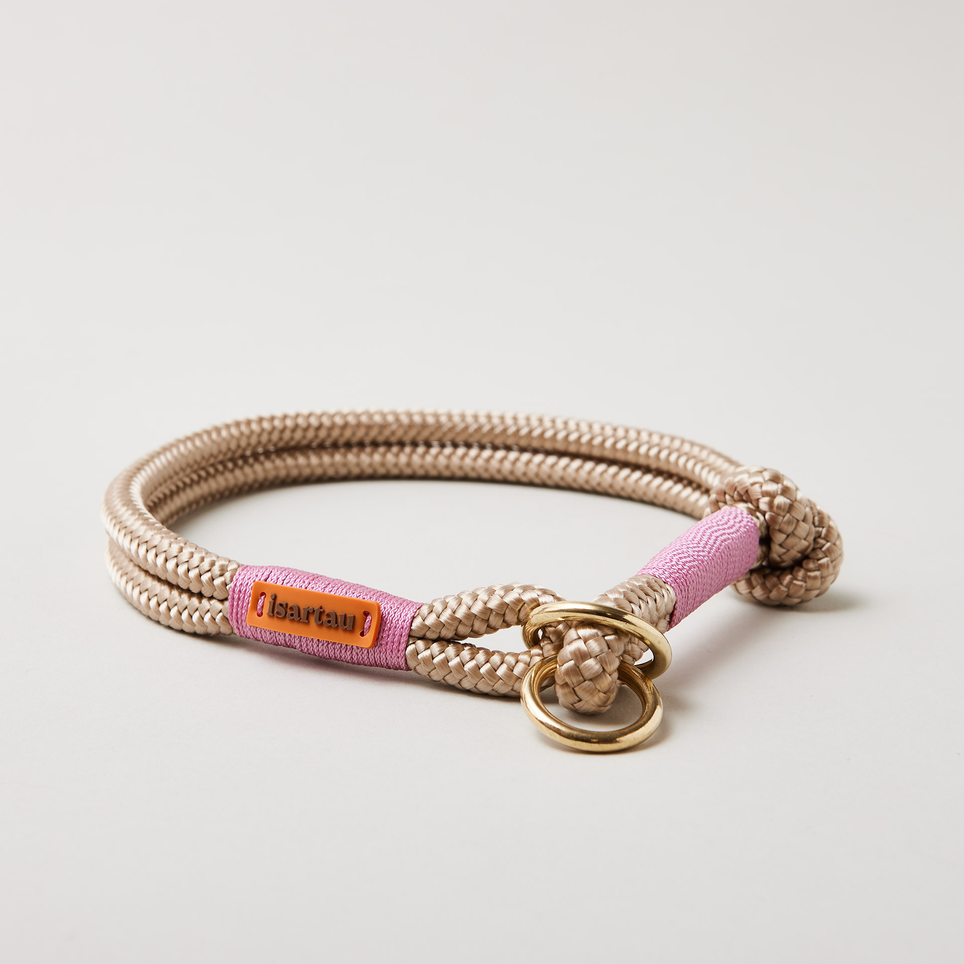 Tauhalsband Zugstopp Wood Owl Rose 8 und 10 mm mit Messing-Beschlägen, beiges Tau mit rosa Takelung
