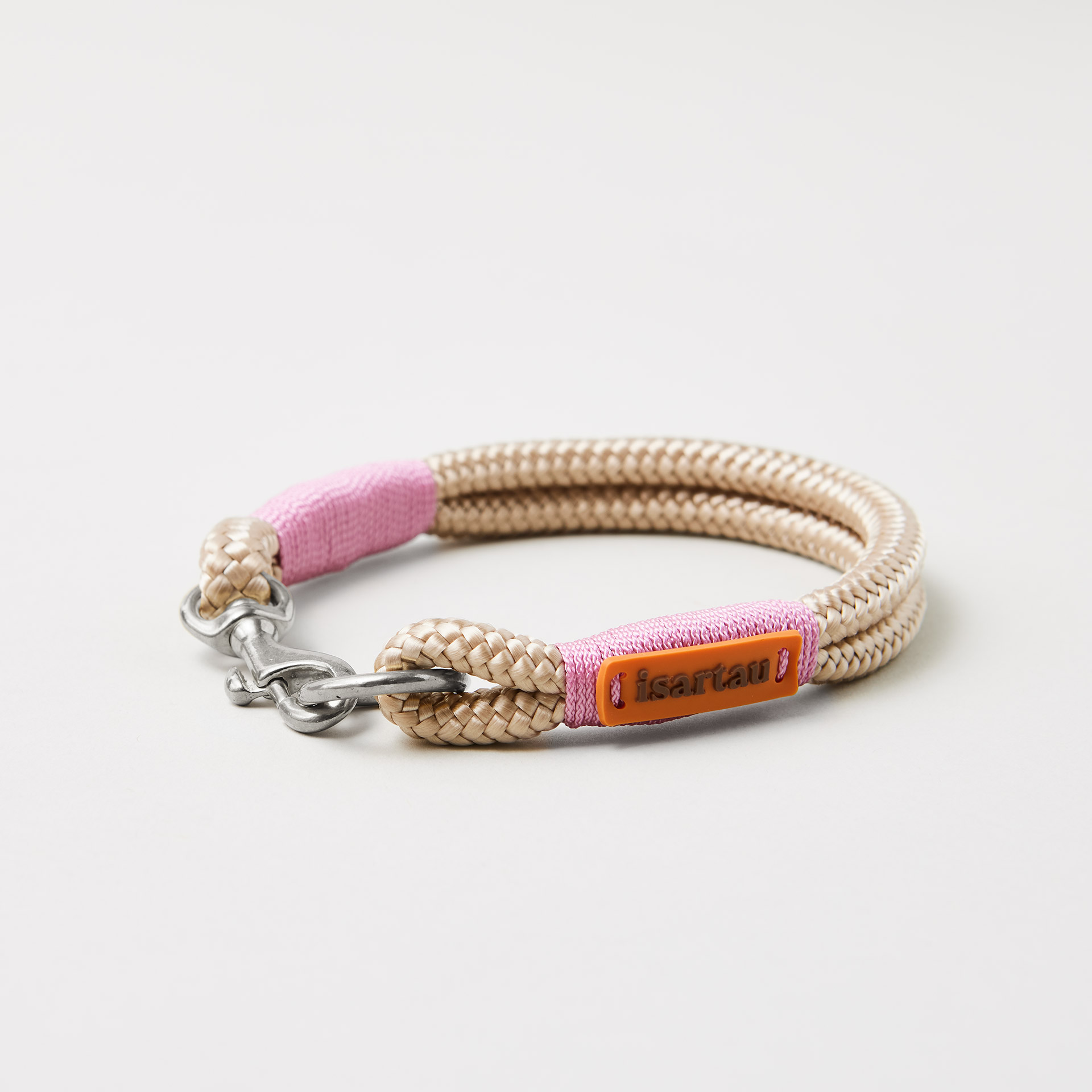 Hundehalsband aus Tau, Modell Feste Halsung Wood Owl Rose 8 mm, silberfarbene Beschläge, beiges Tau mit rosa Takelung