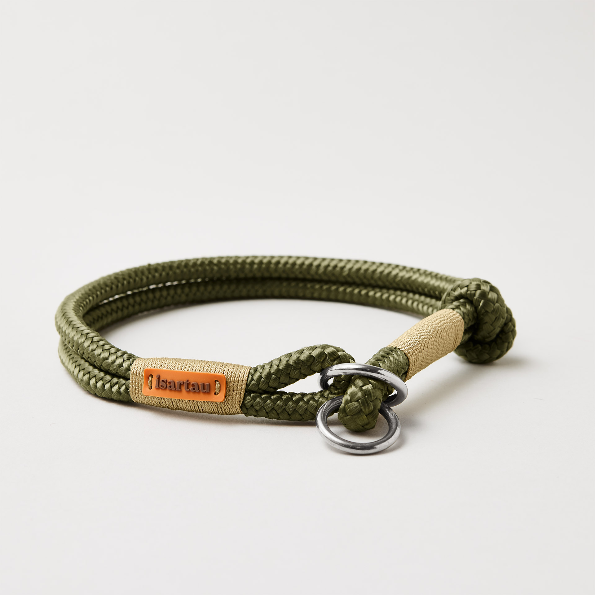 Tauhalsband Zugstopp Olive Grove Gold 8 und 10 mm mit silberfarbenen Beschlägen, olivgrünes Softtau mit goldfarbener Takelung