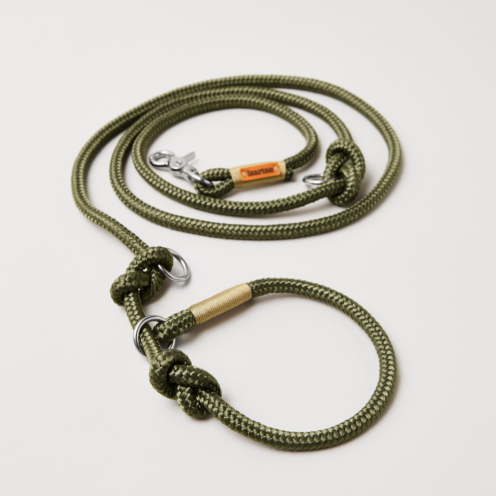 Retrieverleine aus Softtau Olive Grove Gold, Halsung mit integrierter Leine, silberne Karabiner, 2-fach längenverstellbar, erhältlich in 8 und 10 mm