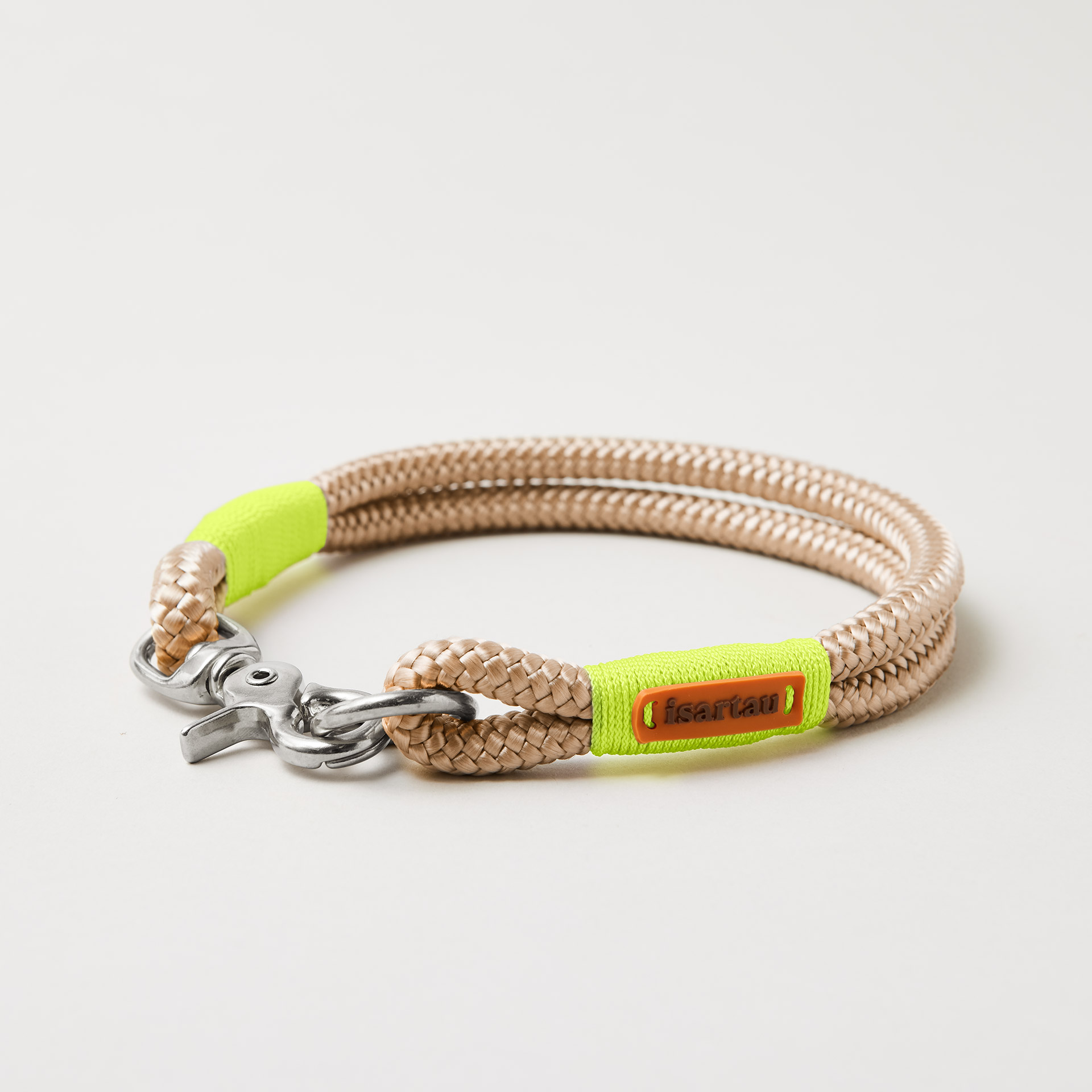 Tauhalsband Feste Halsung Wood Owl Neongelb, 10 mm mit silberfarbenen Beschlägen, beiges Tau mit neongelber Takelung