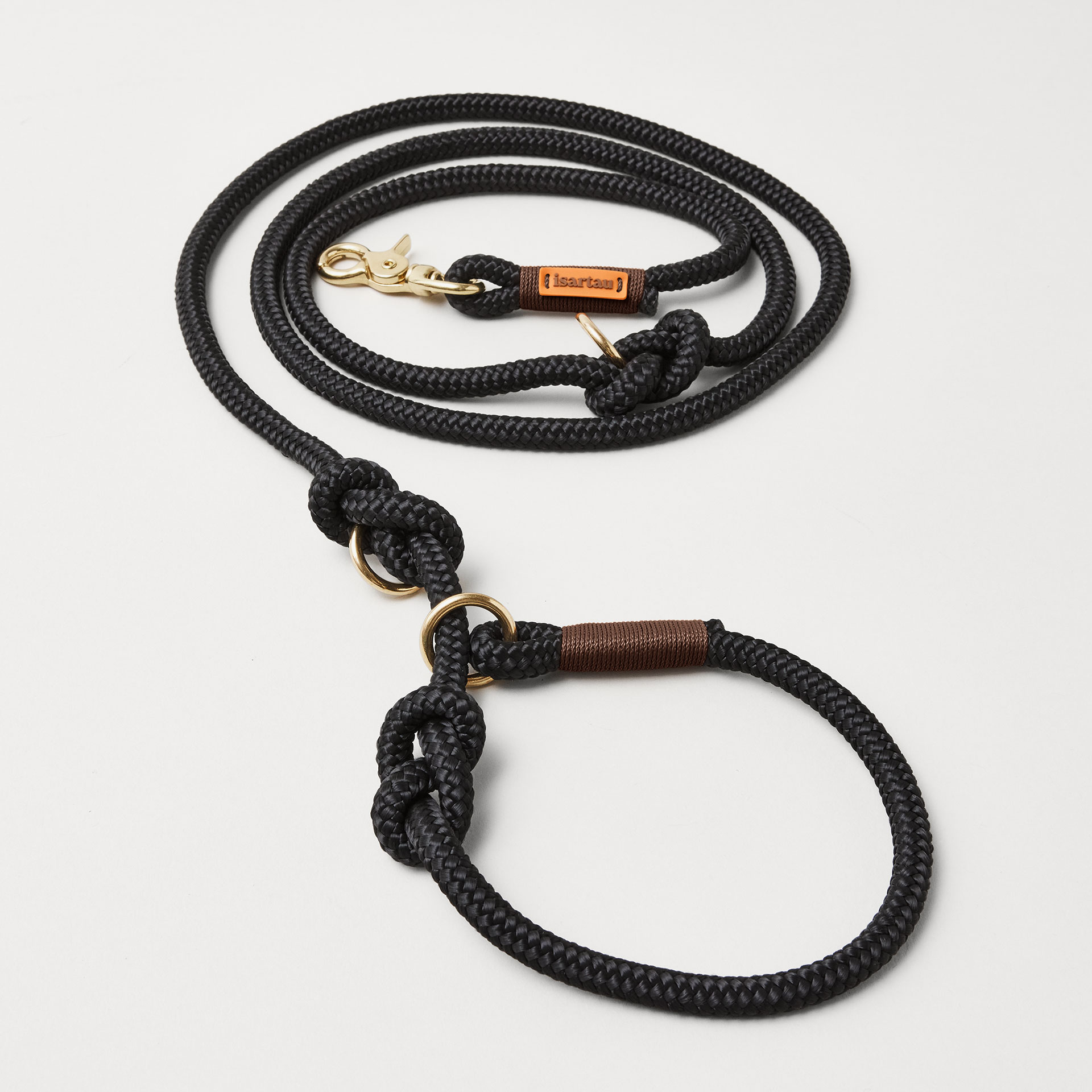 Retrieverleine aus Tau Black Mamba Dunkelbraun, Halsung mit integrierter Leine, goldene Messingkarabiner, 2-fach längenverstellbar, erhältlich in 8 und 10 mm