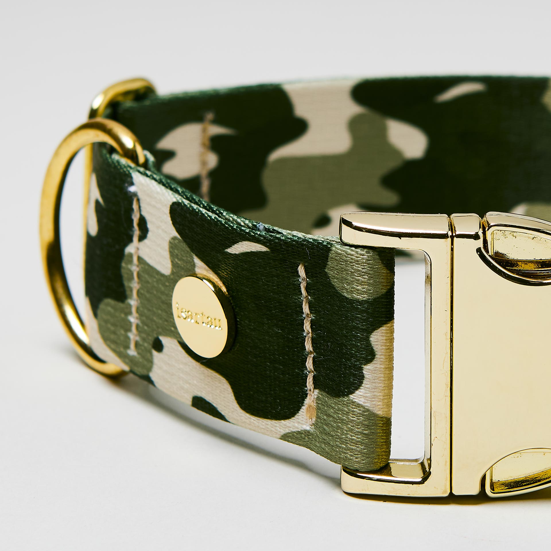 Nahaufnahme verstellbares Hundehalsband „Entdecker“ goldfarben, Gurtband mit Camouflage-Muster in Grün- und Beigetönen.