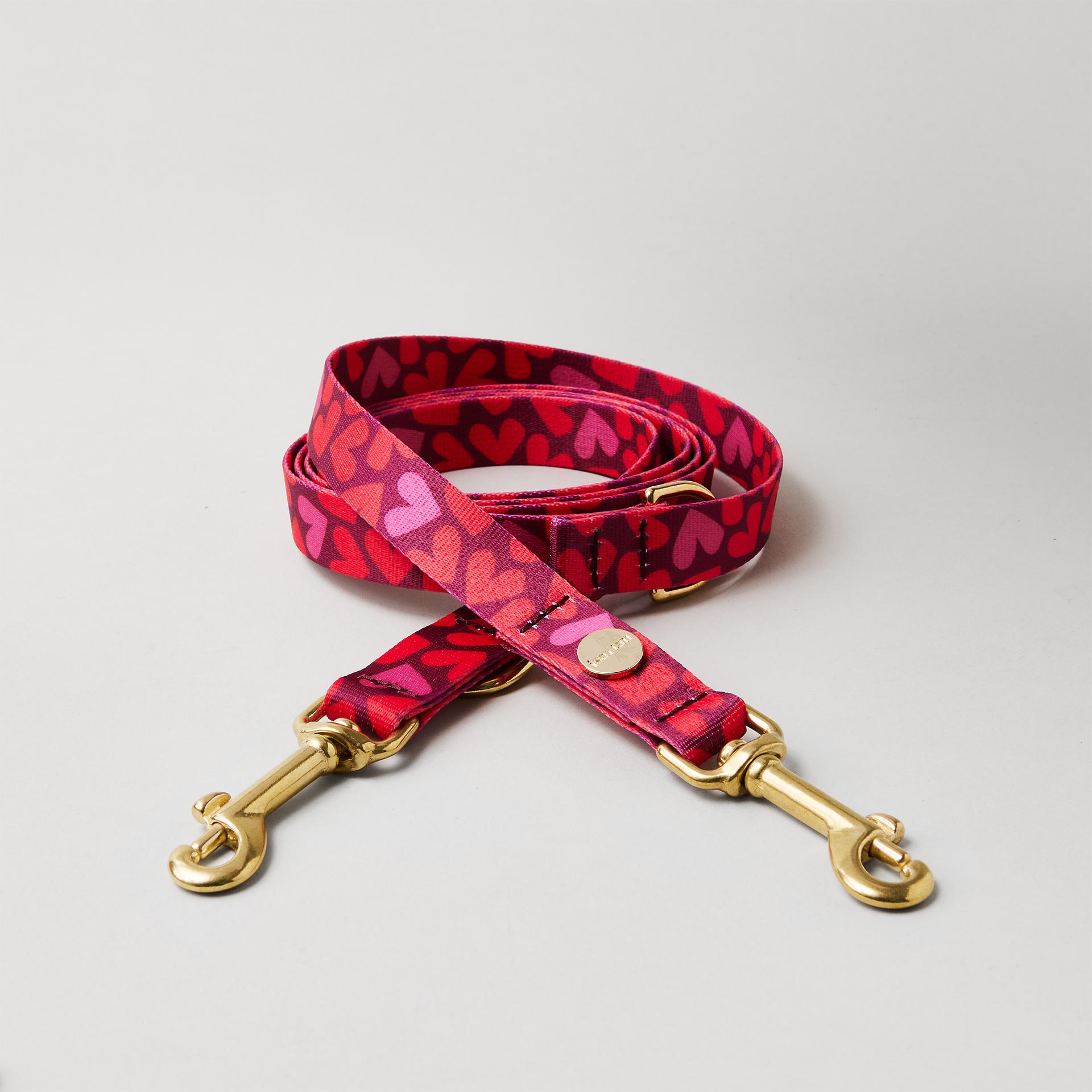 Verstellbare Hundeleine Herzklopfen Gurtband mit Herzmotiv in Rottönen goldfarbene Messingkarabiner Breite 20 mm