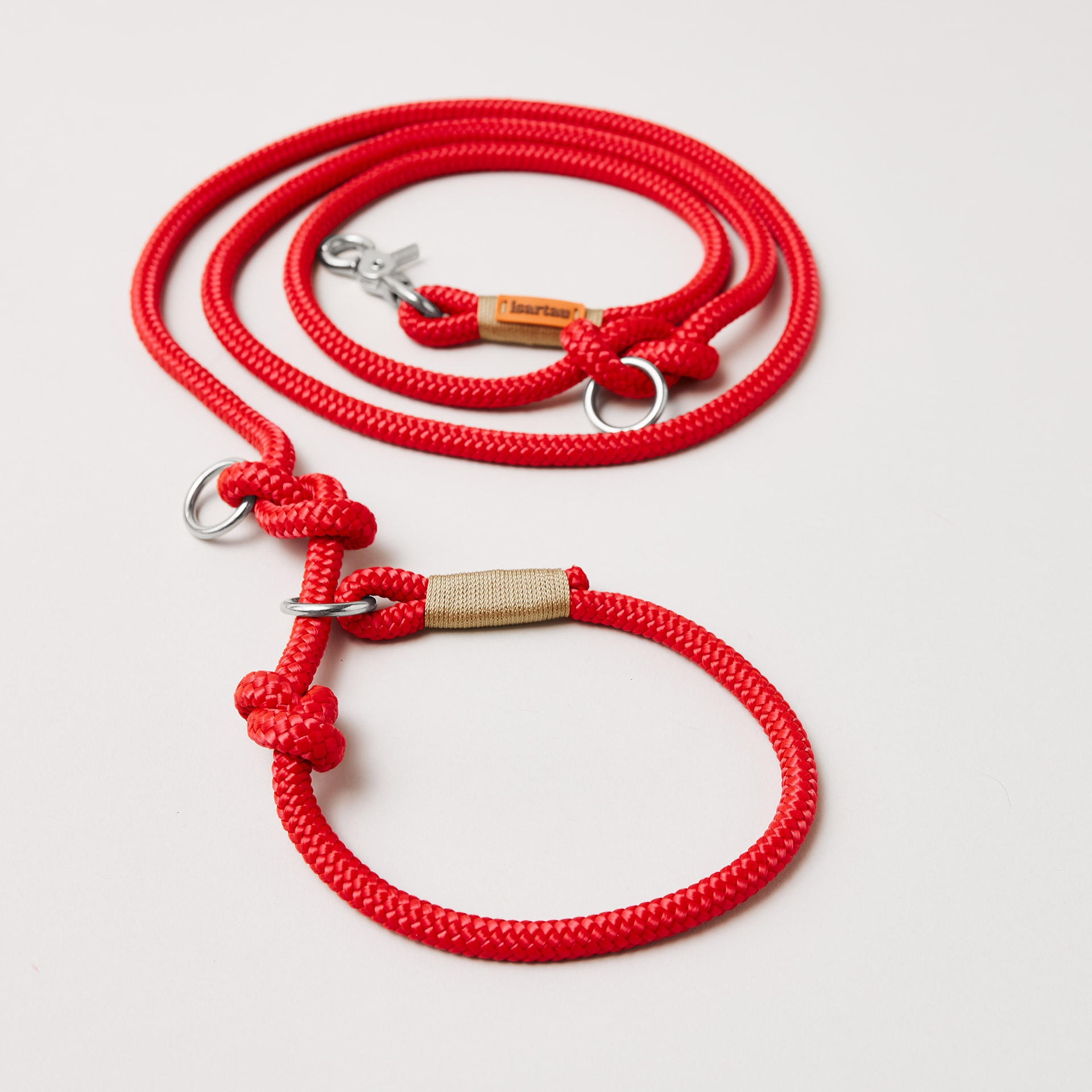 Retrieverleine aus Tau Red Fairy GOLD, Halsung mit integrierter Leine, silberne Karabiner, 2-fach längenverstellbar, erhältlich in 8 und 10 mm