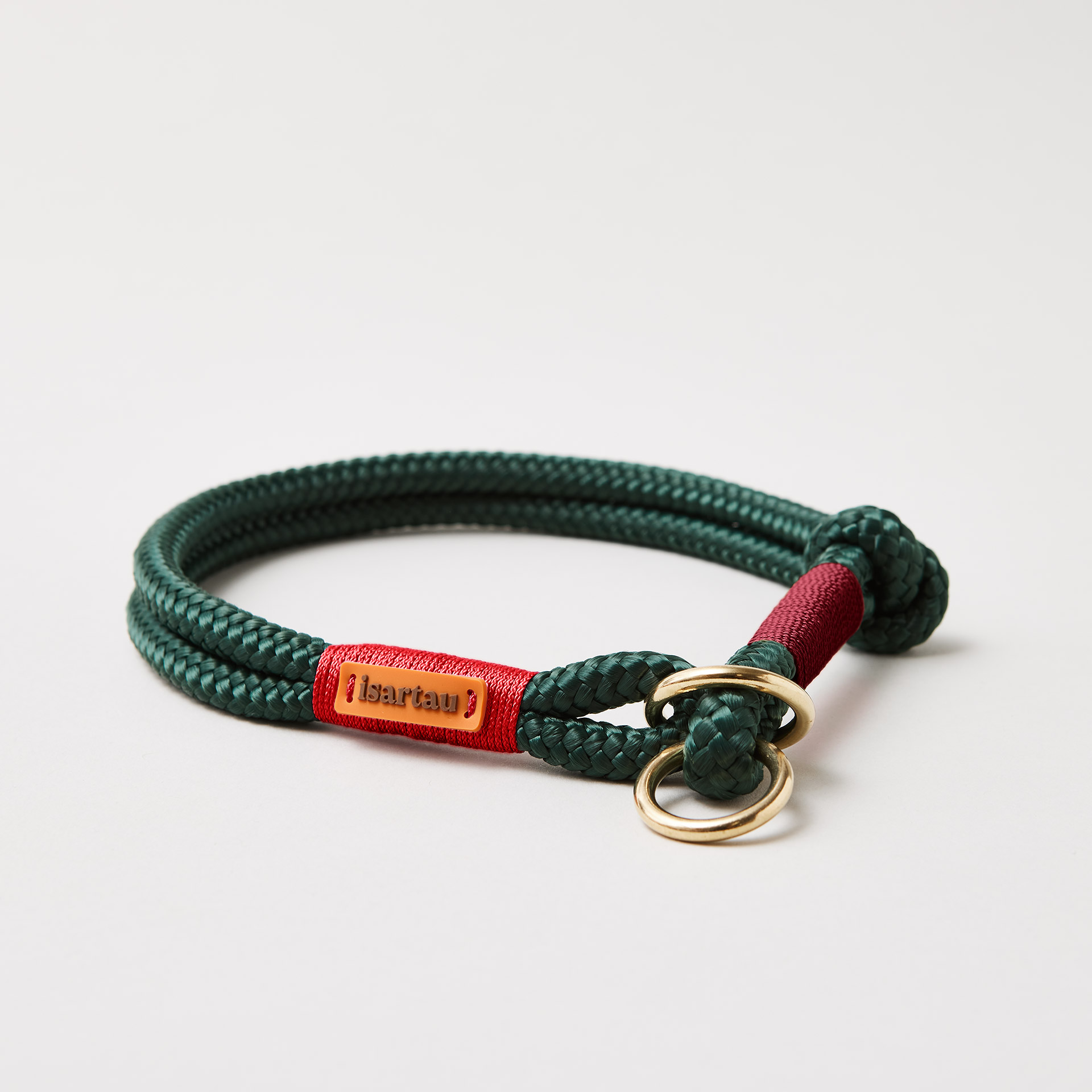 Tauhalsband Zugstopp Evergreen Rot Burgunder 8 und 10 mm mit Messing-Beschlägen, dunkelgrünes Tau mit roter und burgunderfarbener Takelung