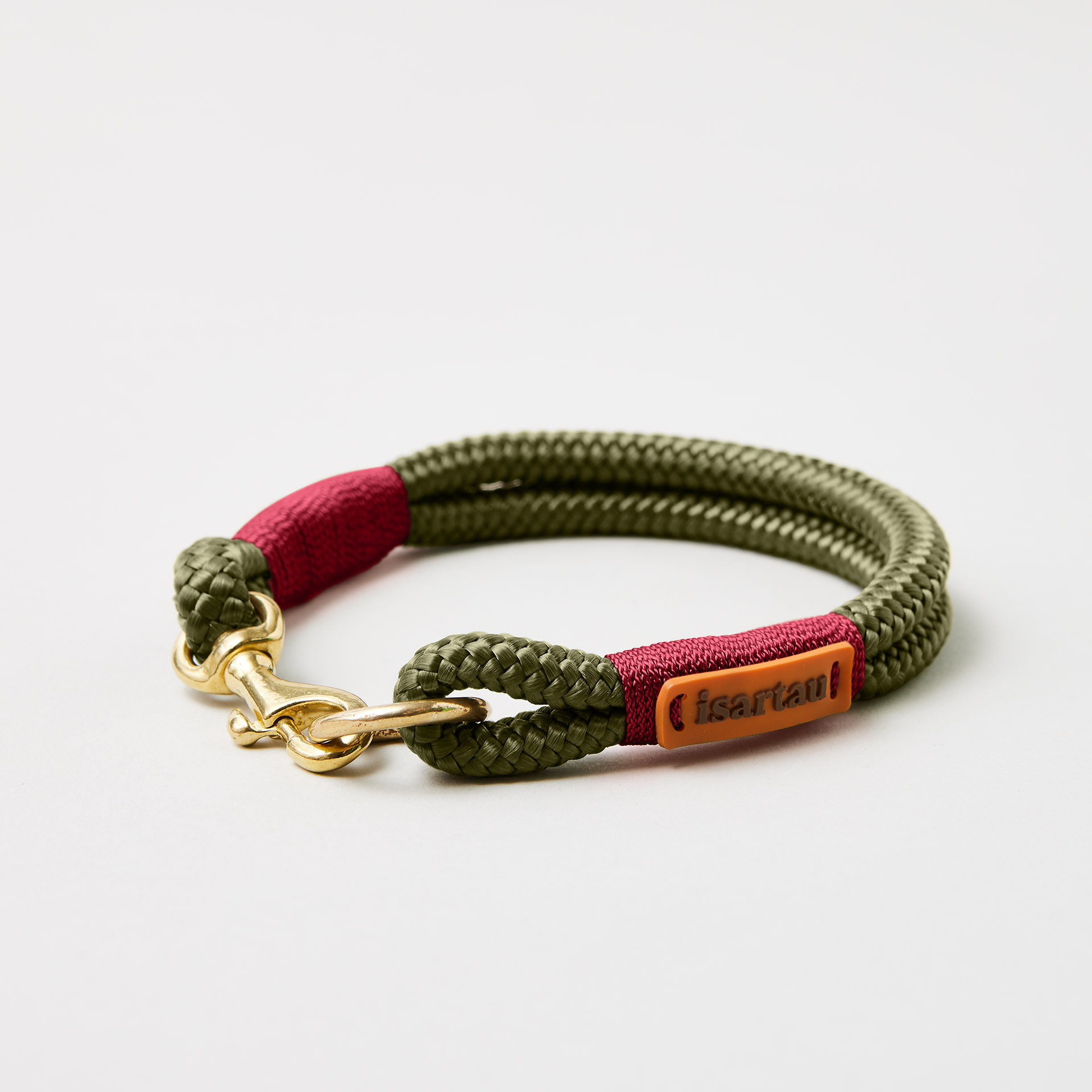 Tauhalsband Feste Halsung Olive Grove Burgunder 8 mm, Messing-Beschläge, olivfarbenes Softtau mit burgunderfarbener Takelung