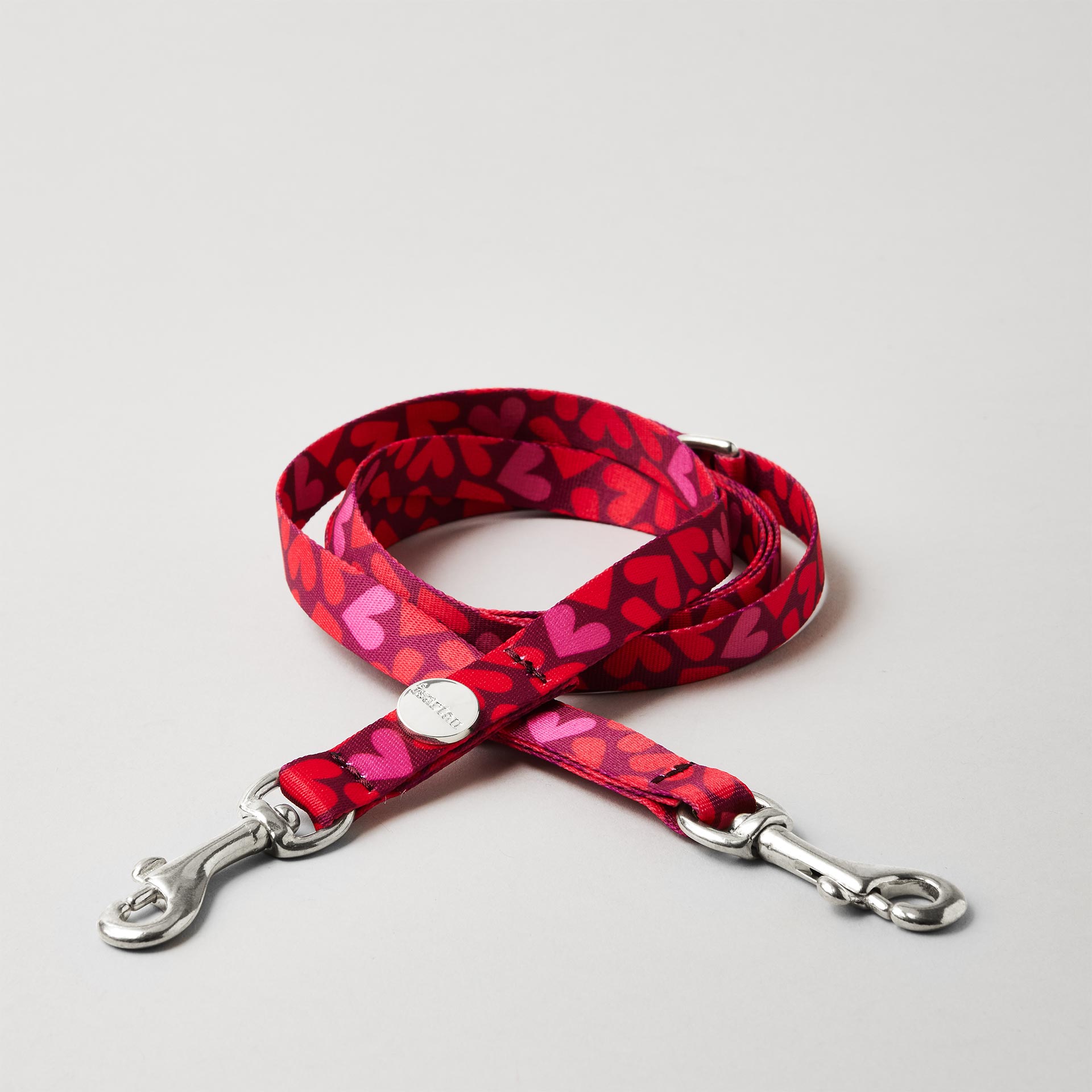 Verstellbare Hundeleine Herzklopfen Gurtband mit roten Herzen in 15mm Breite silberfarbene Mini-Karabiner