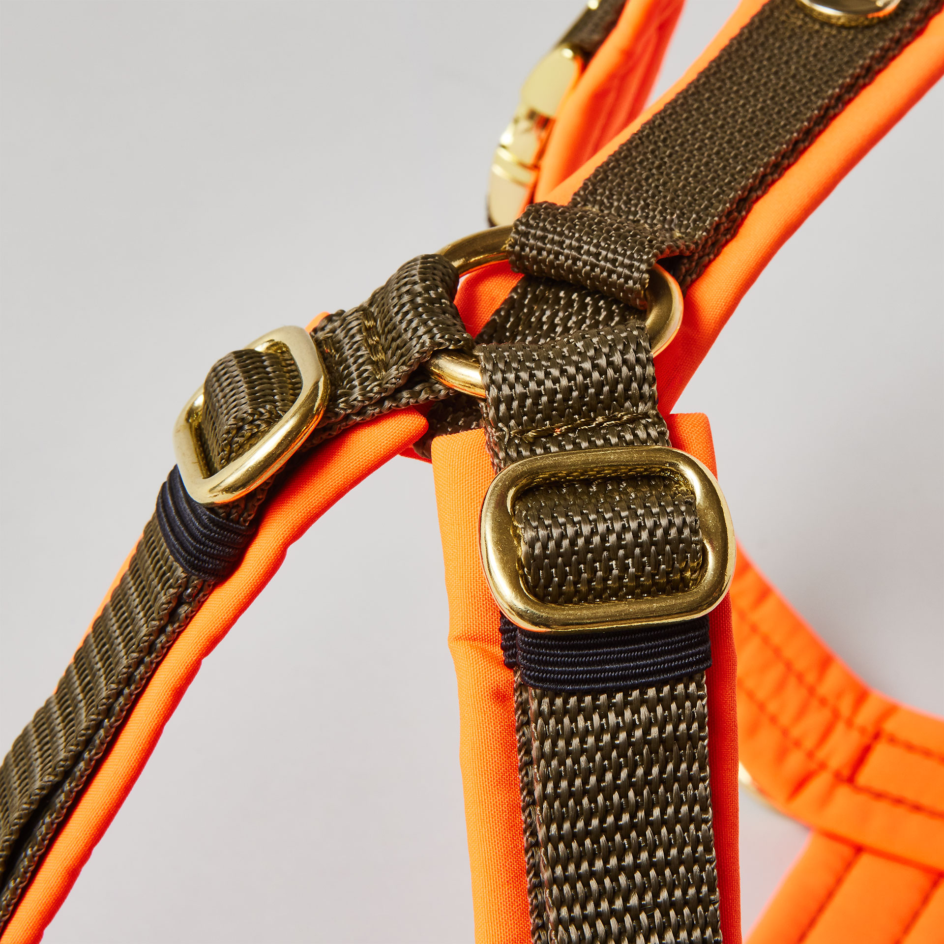 Goldfarbene verstellbare Schieber im Schulterbereich des zweifarbigen Hundegeschirrs Softie Neonorange Oliv mit olivfarbenem Gurtband und neonoranger Polsterung