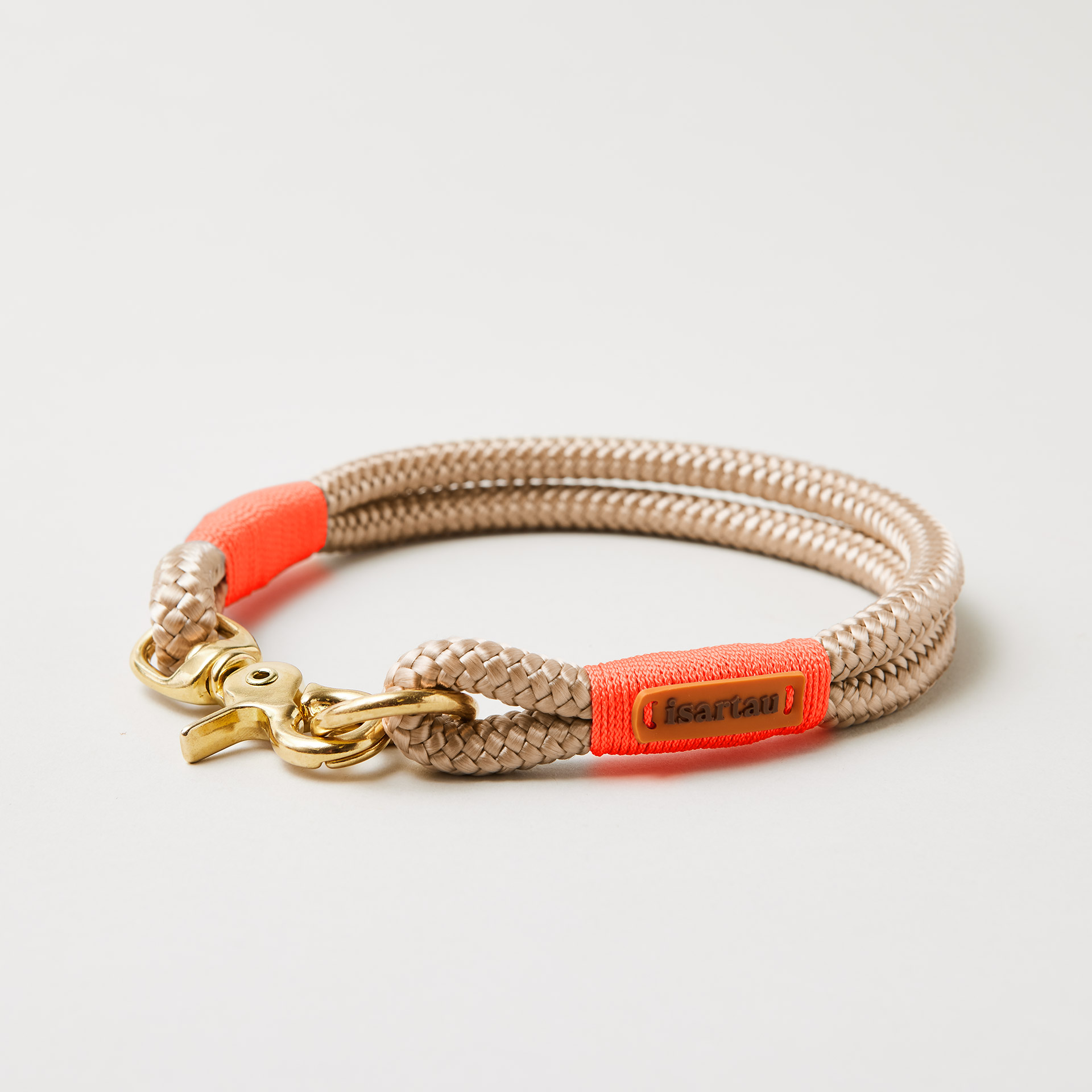 Tauhalsband Wood Owl Neonorange 10 mm mit Messing-Beschlägen, beiges Tau mit neonoranger Takelung