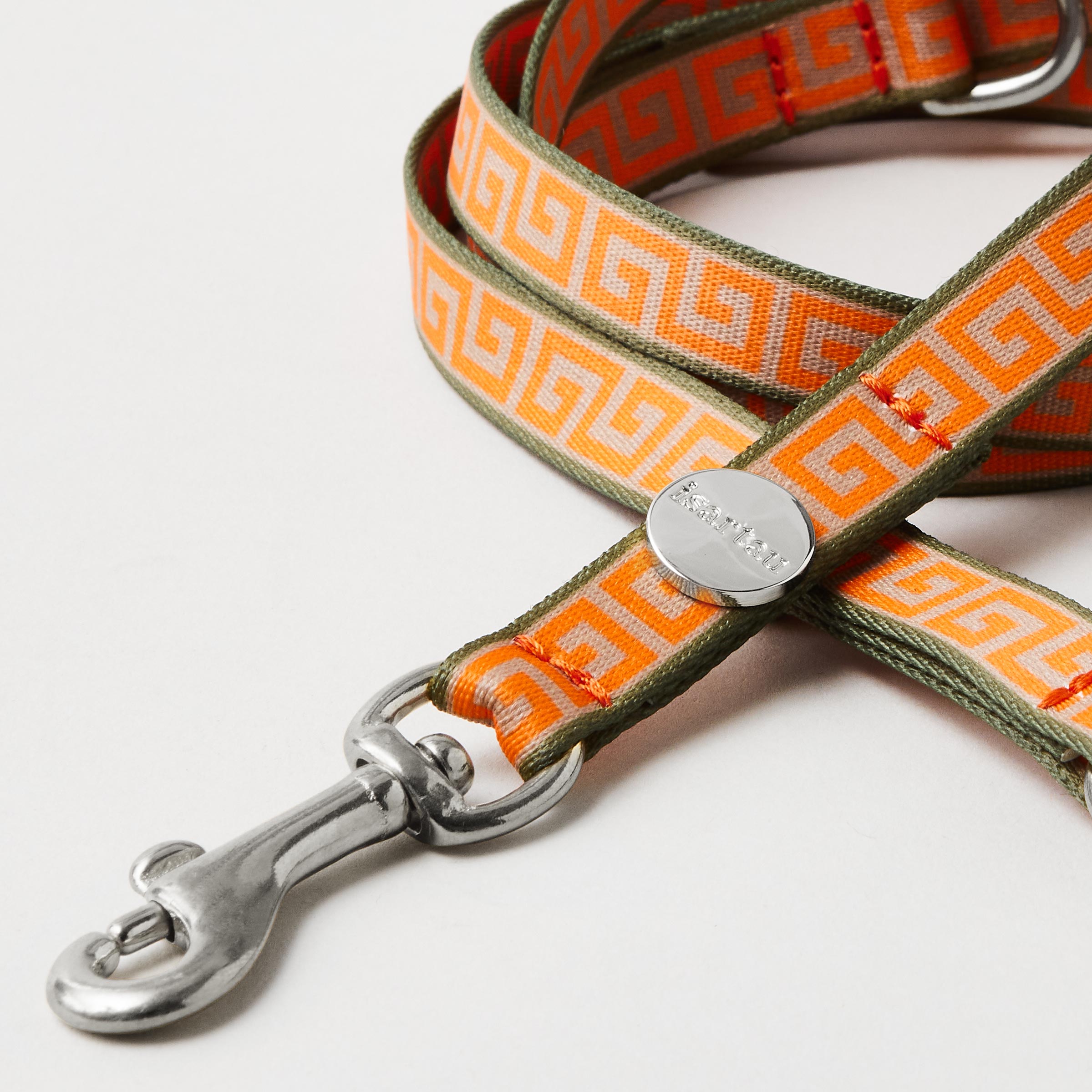 Detail schmale Hundeleine Wellenbrecher Gurtband mit Mäander Aufdruck in 15mm Breite silberfarbene Mini-Karabiner