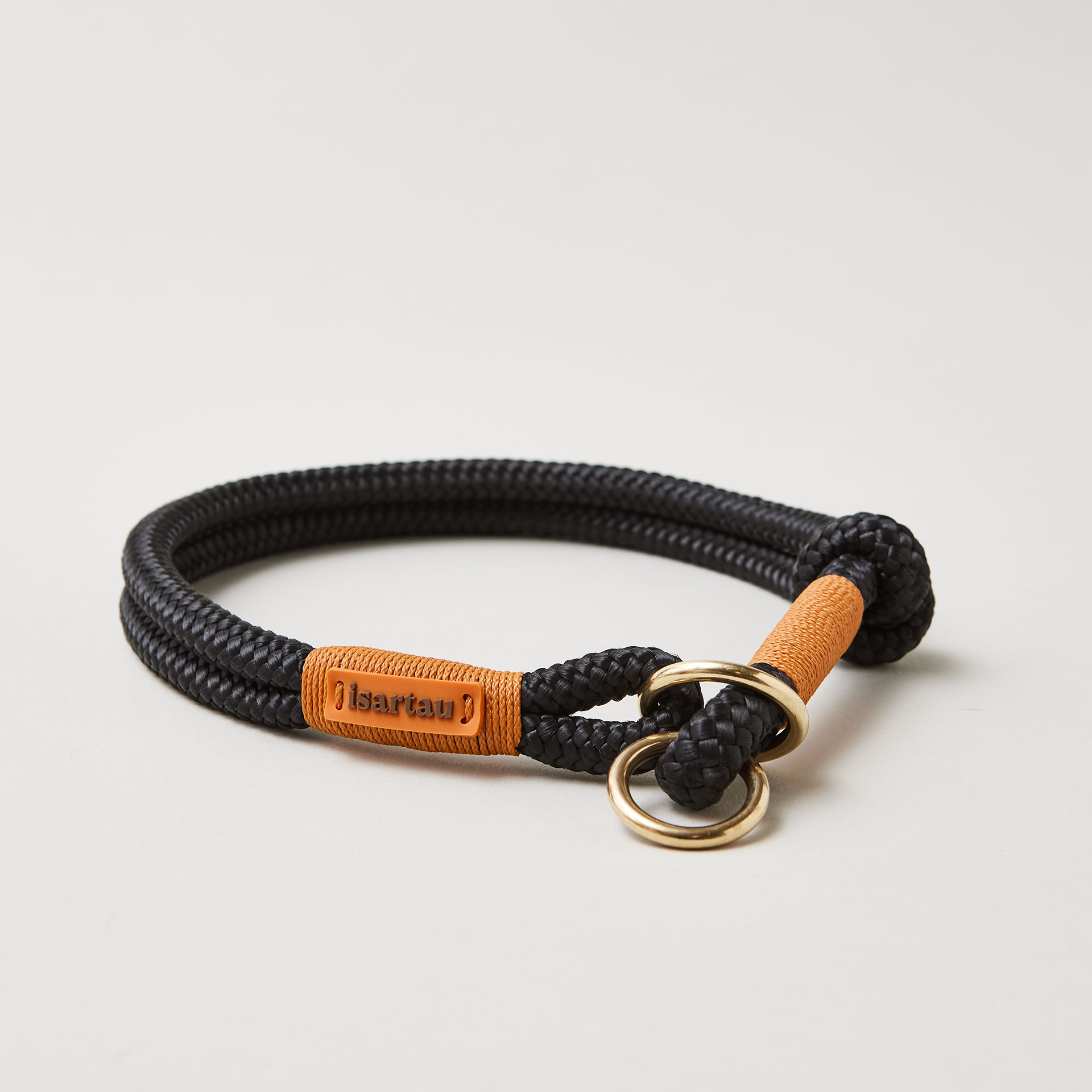 Tauhalsband Zugstopp Black Mamba Rost Orange 8 und 10 mm mit Messing-Beschlägen, schwarzes Tau mit rost-oranger Takelung