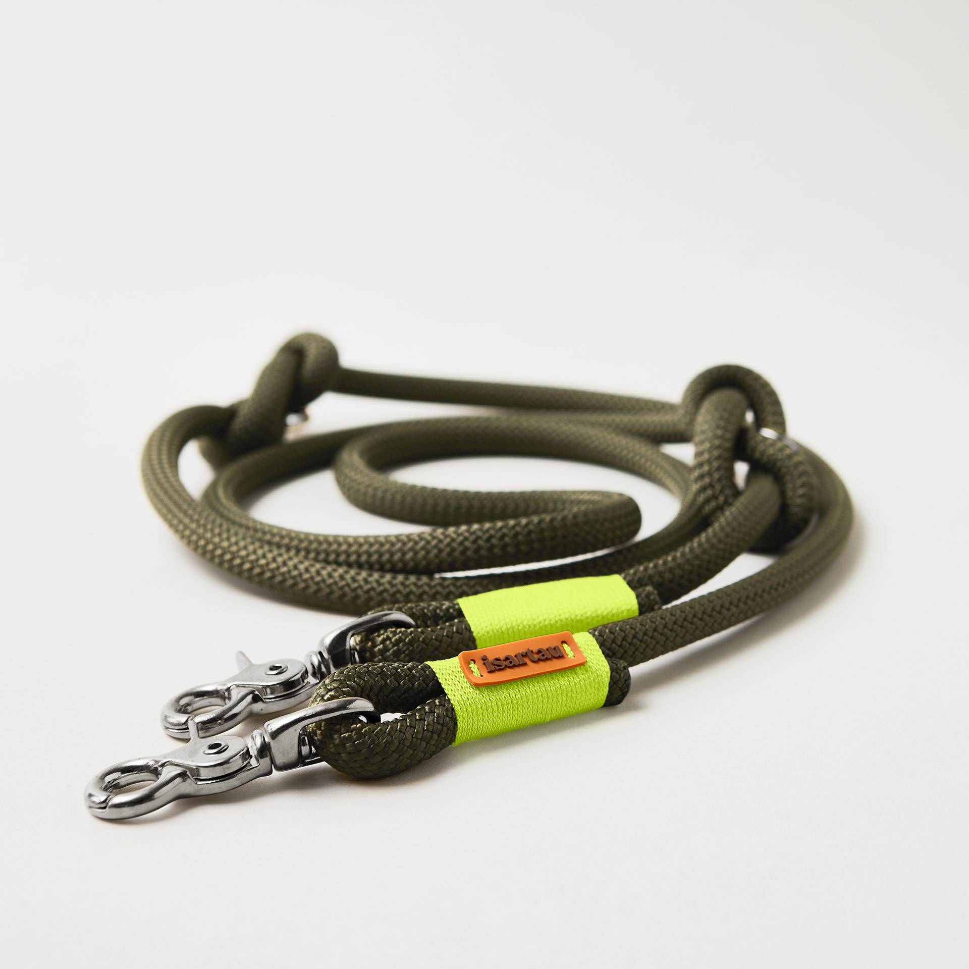 Hundeleine Olive Grove Neongelb 10 mm verstellbar mit silberfarbenen Scherenkarabinern, olivfarbenes Kletterseil mit neongelber Takelung, Längenverstellbar