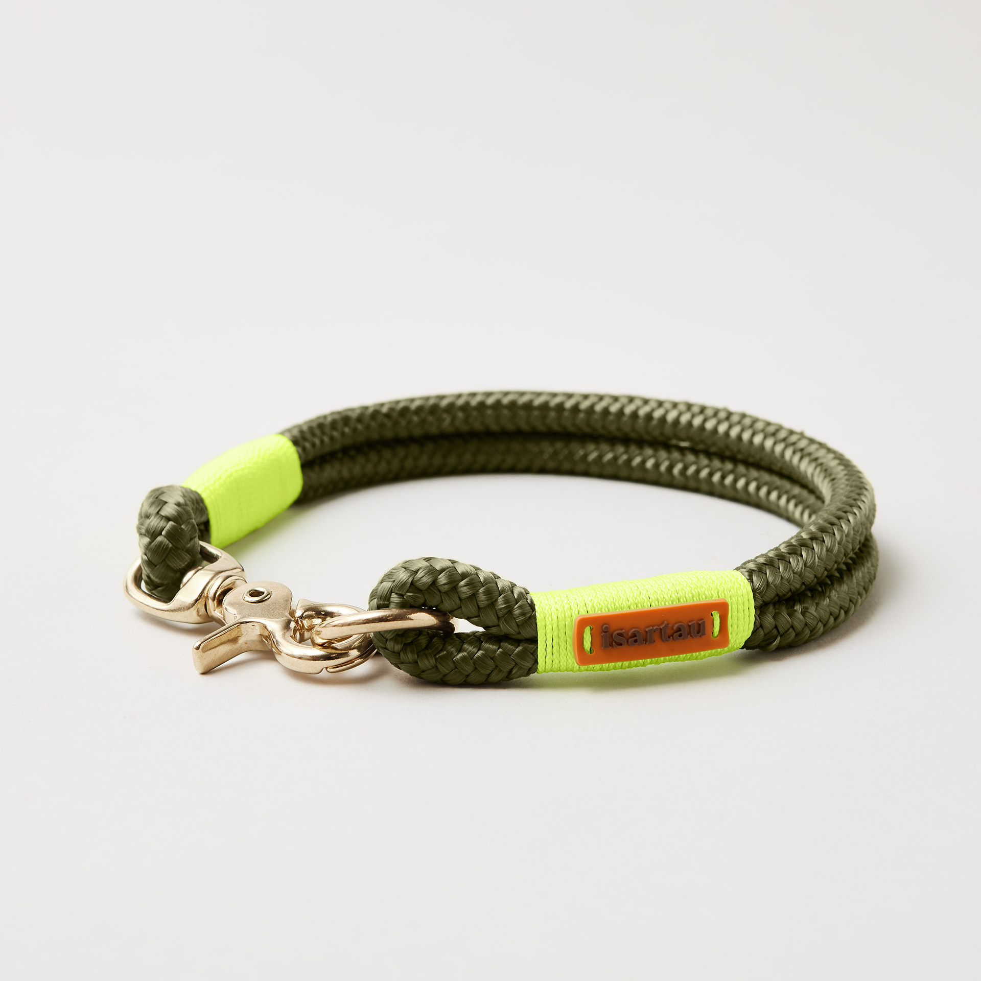 Tau Hundehalsband Olive Grove Neongelb 10 mm mit Messing-Beschlägen, olivfarbenes Softtau mit neongelber Takelung