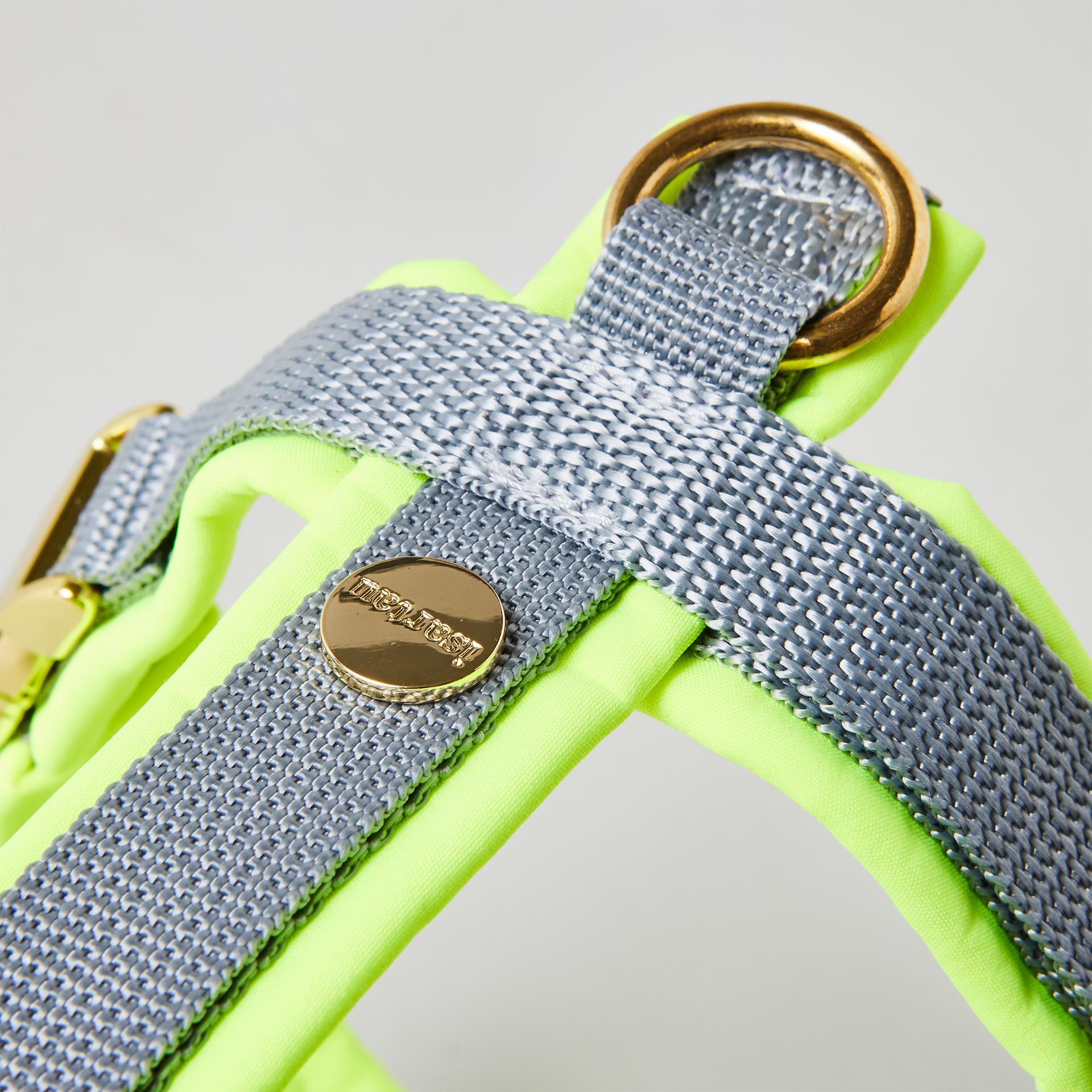 Rückenstück des zweifarbigen Hundegeschirrs Softie Neongelb Grau mit neongelber Polsterung, grauem Gurtband, gepolstertem O-Ring und Logo-Niete, goldfarben