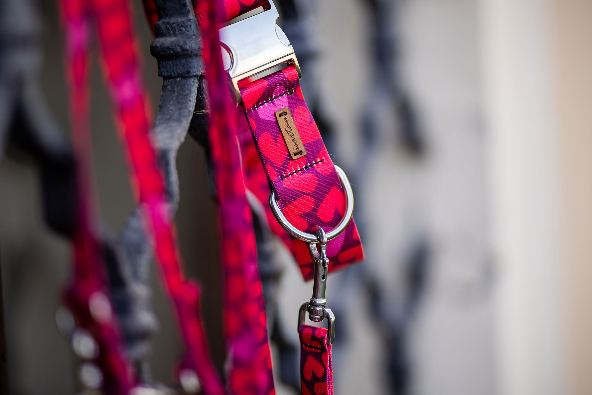 Designerhalsband und Designerleine Herzklopfen, Herzprint mit verschiedenen Rottönen