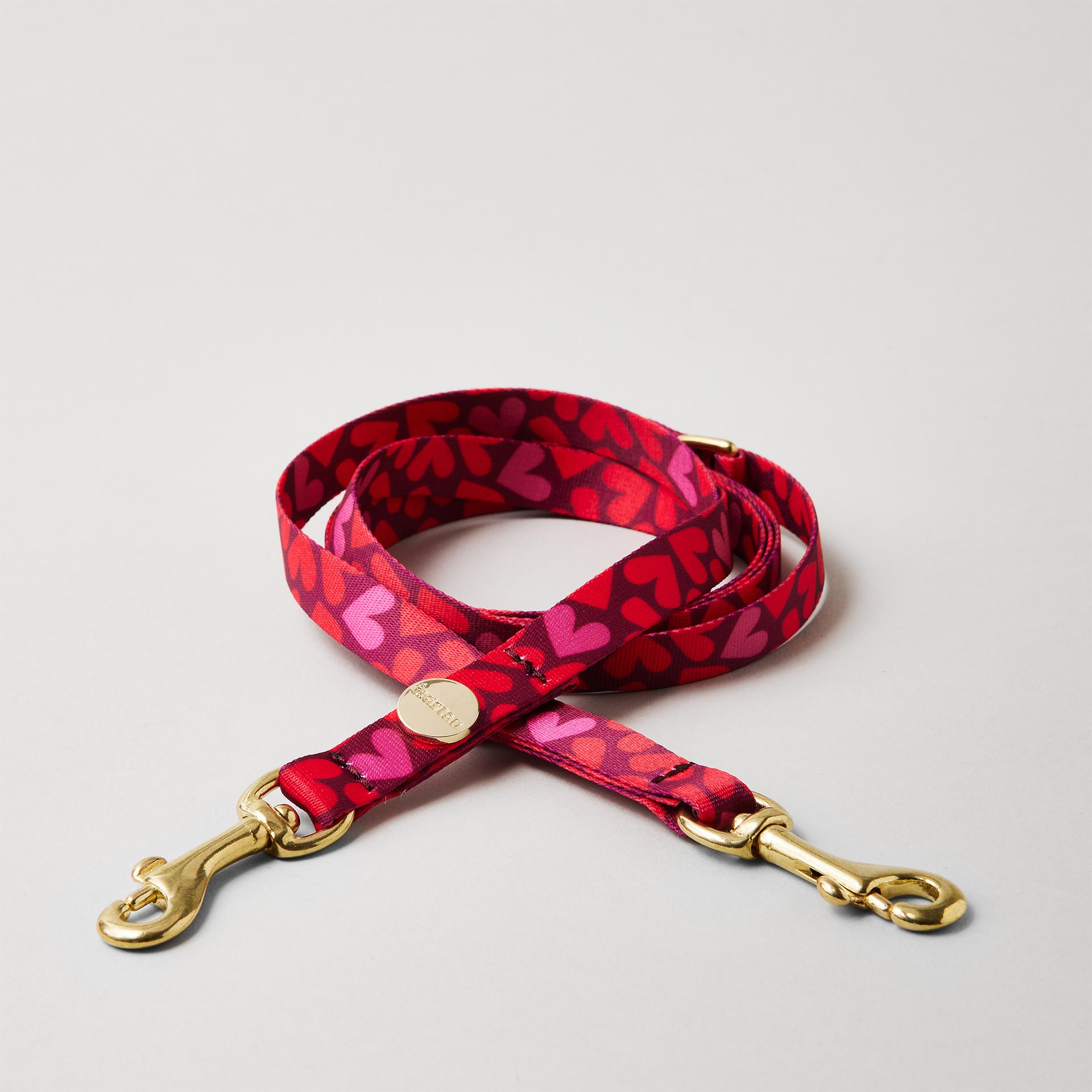 Verstellbare Hundeleine Herzklopfen Gurtband mit roten Herzen in 15mm Breite goldfarbene Mini-Karabiner