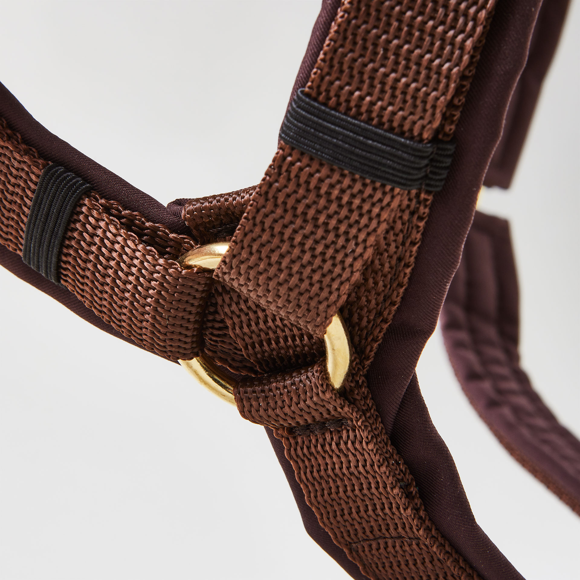 Y-förmiges Hundegeschirr in Dunkelbraun mit Polsterung aus Softshell und goldfarbenen Beschlägen