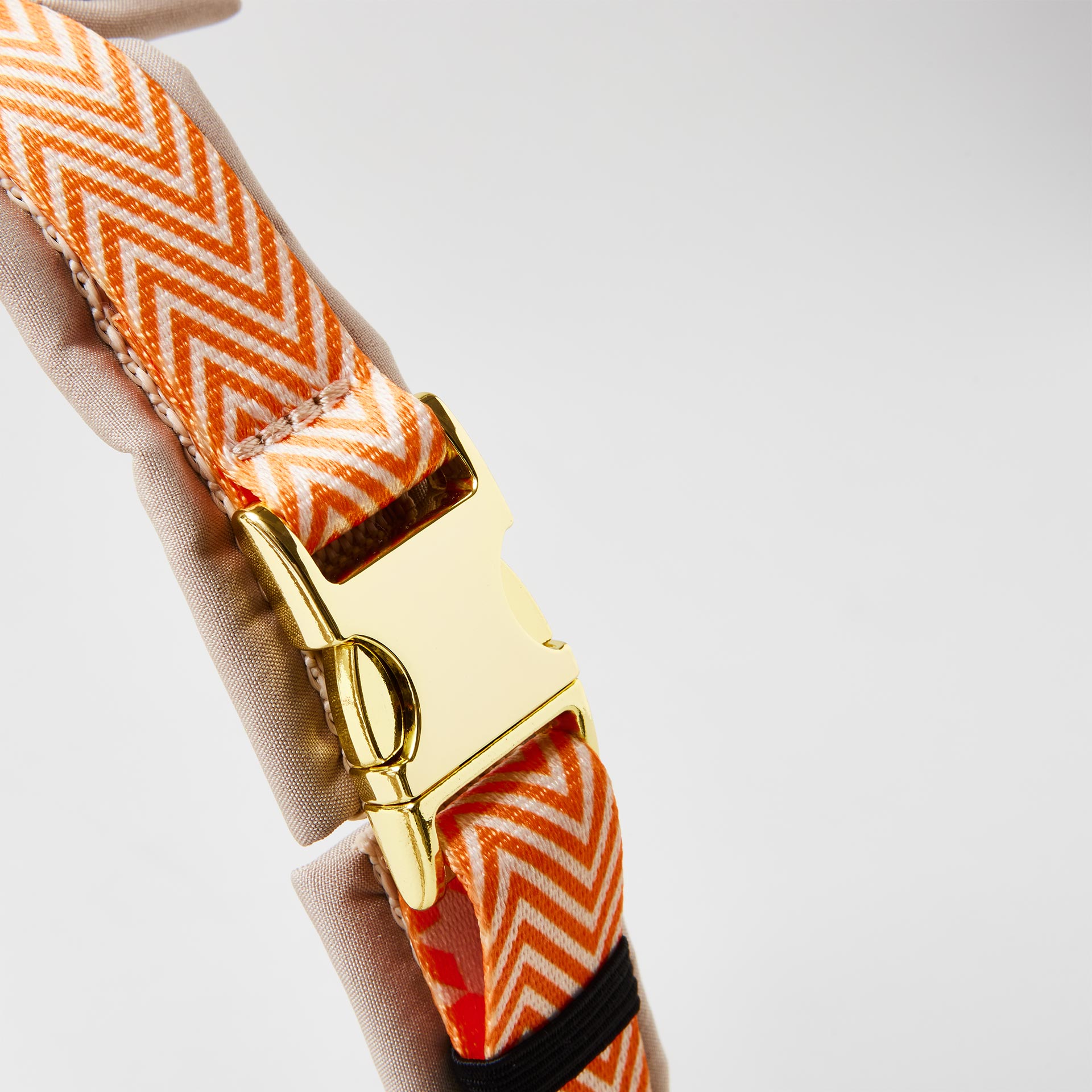 Detail gepolstertes Hundegeschirr Tänzer mit goldfarbener Steckschließe zum Öffnen und Schließen