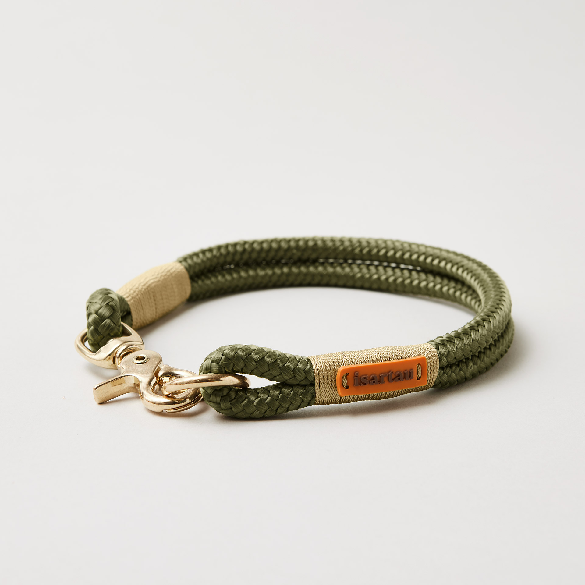 Hundehalsband Olive Grove Gold 10 mm mit Messing-Beschlägen, olivgrünes Softtau mit goldfarbener Takelung