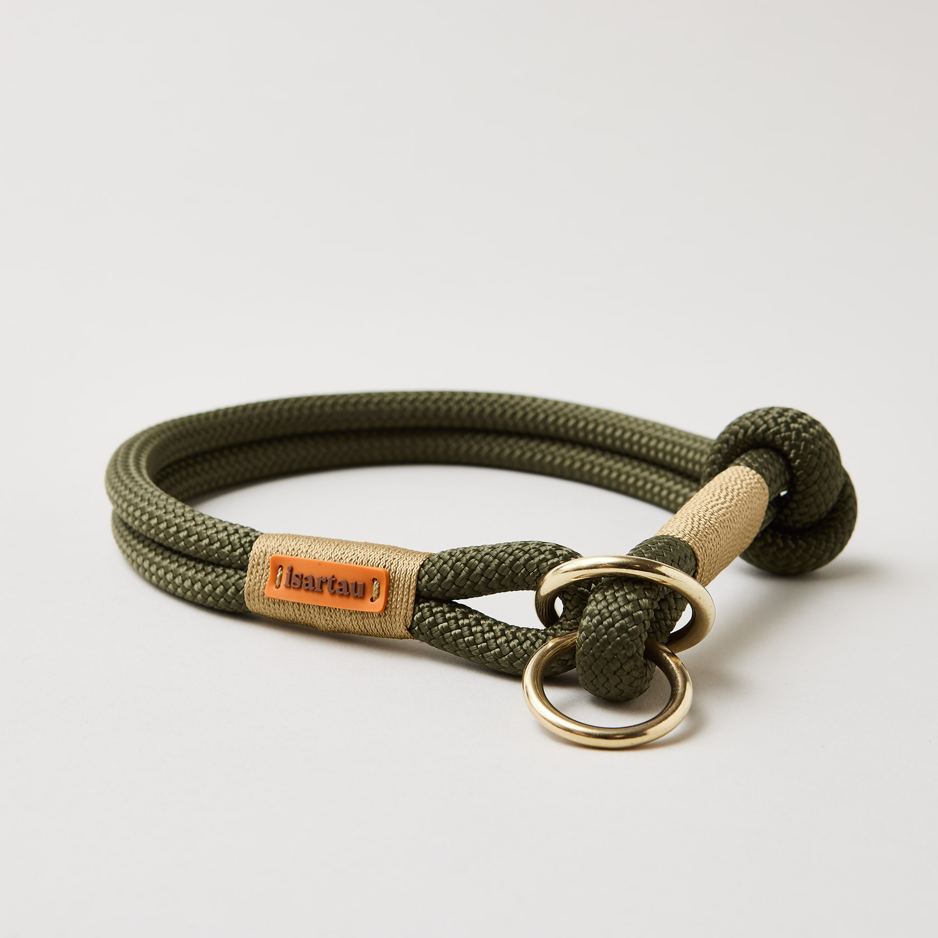 Tauhalsband Zugstopp Olive Grove Gold 10 mm mit Messing-Beschlägen, olivgrünes Kletterseil mit goldfarbener Takelung