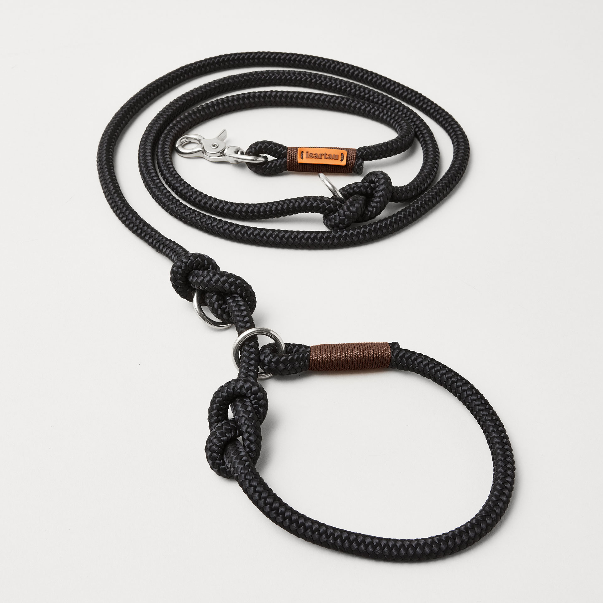 Retrieverleine aus Tau Black Mamba Dunkelbraun, Halsung mit integrierter Leine, silberne Karabiner, 2-fach längenverstellbar, erhältlich in 8 und 10 mm