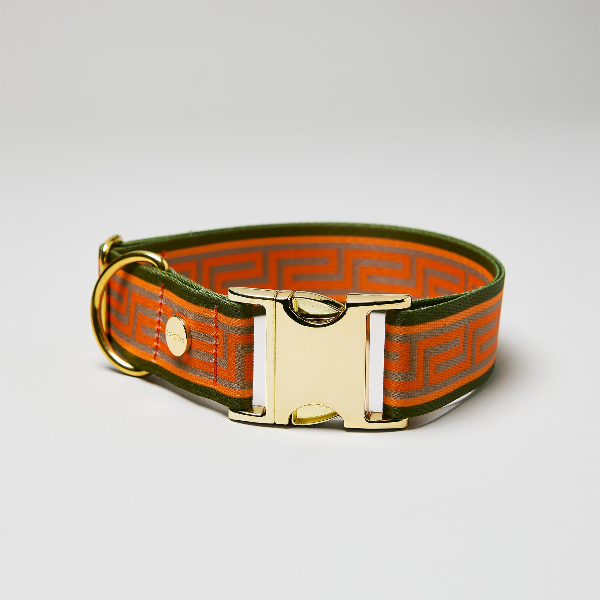 Verstellbares Halsband Wellenbrecher goldfarben, Gurtband mit Mäander Muster in Orange Oliv