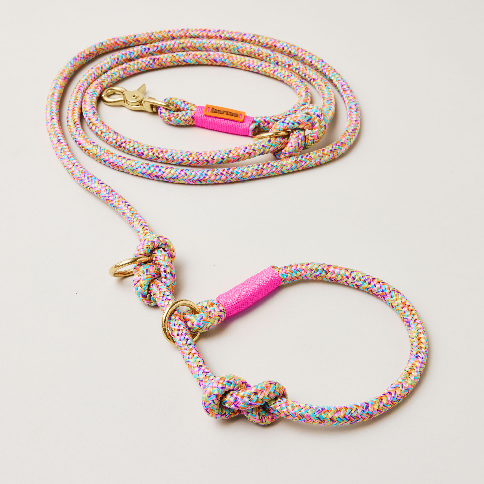 Retrieverleine aus Tau Easy Summer Neonpink, Halsung mit integrierter Leine, Messingkarabiner, 2-fach längenverstellbar, erhältlich in 8 und 10 mm
