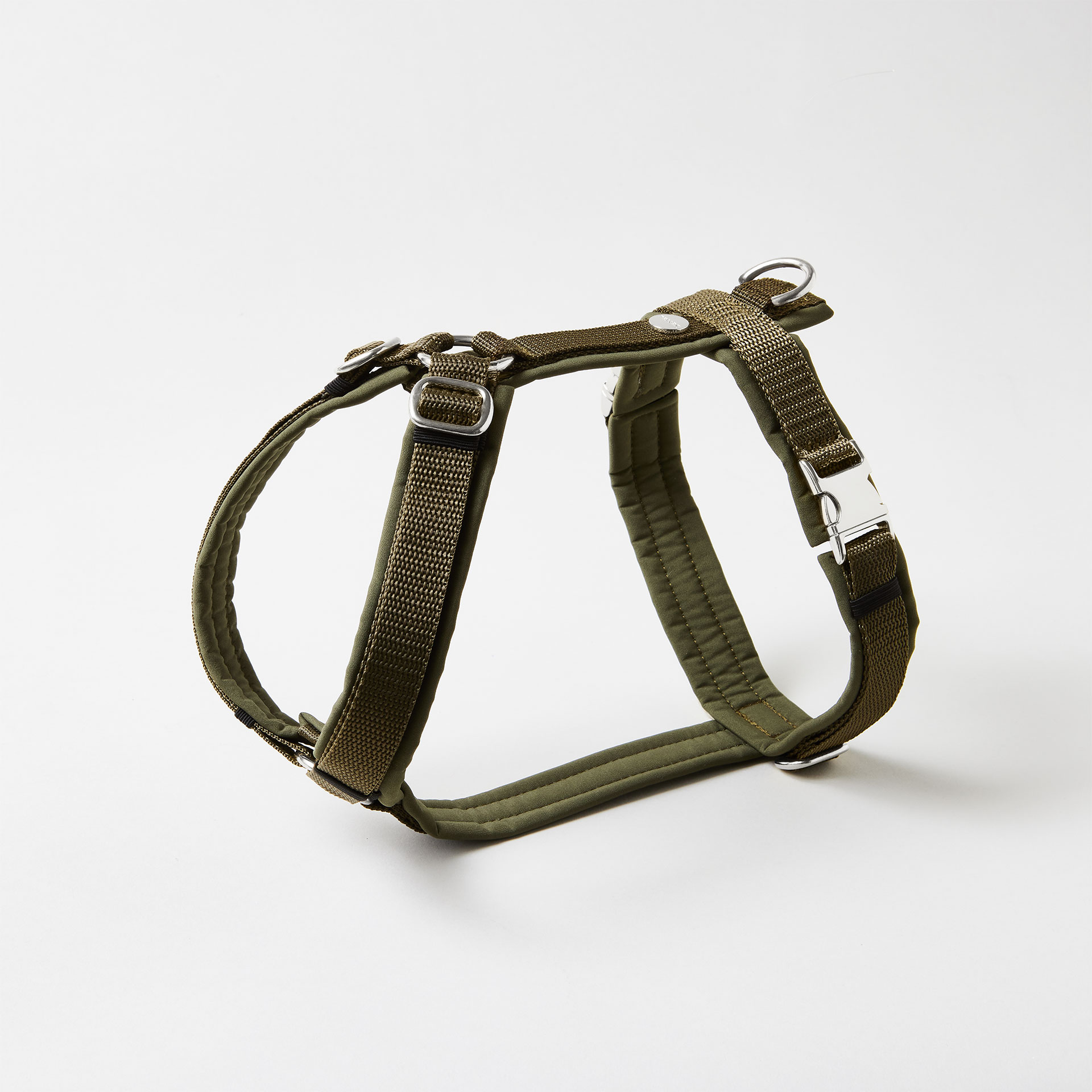 Verstellbares Hundegeschirr in Oliv mit vollunterlegter Polsterung aus Softshell und silberfarbenen Beschlägen