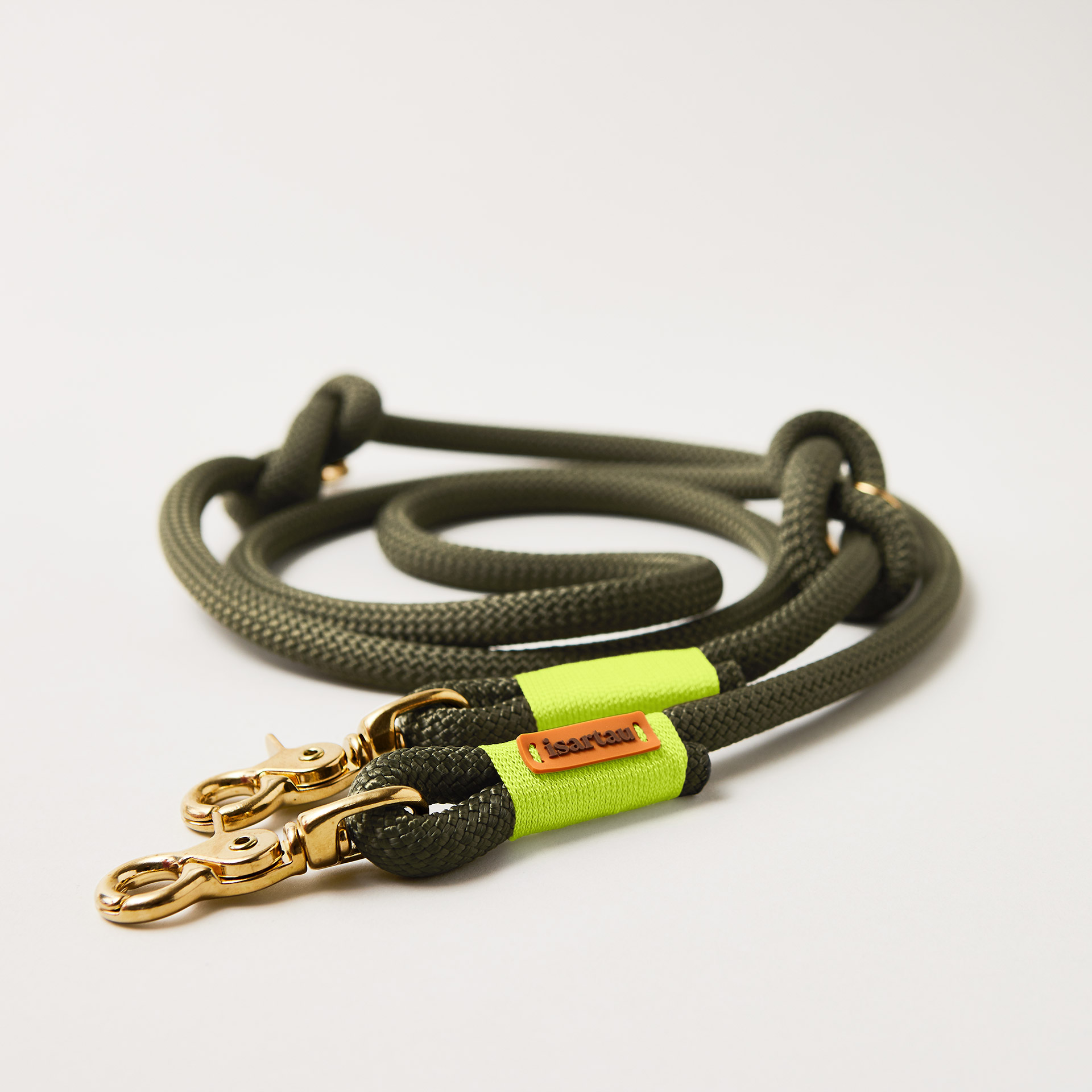 Hundeleine aus Tau Olive Grove Neongelb 10 mm verstellbar mit Messing-Scherenkarabinern, olivfarbenes Kletterseil mit neongelber Takelung, Längenverstellbar