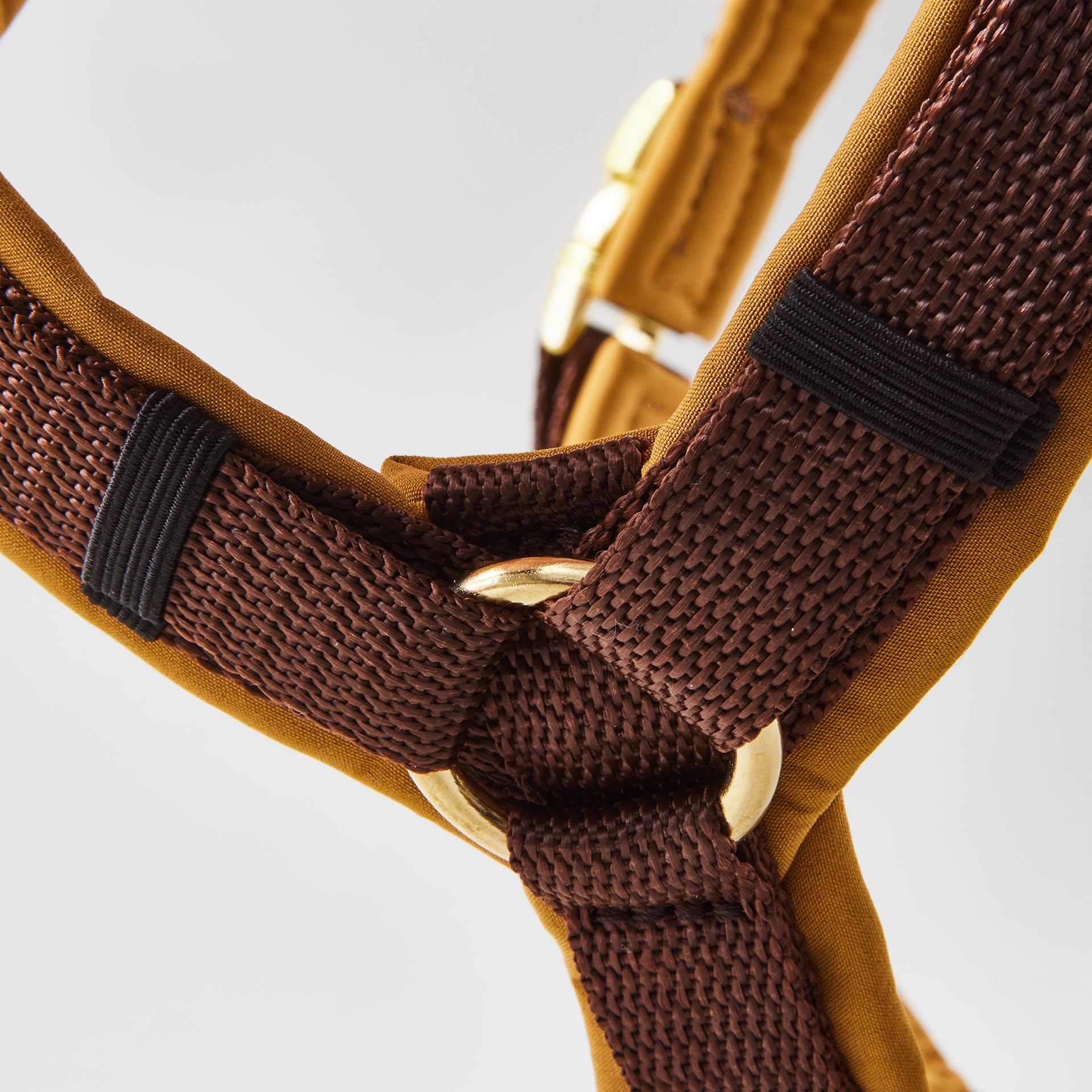 Y-förmiges Hundegeschirr Softie Karamell mit karamellfarbener Polsterung aus Softshell, braunem Gurtband und goldfarbenen Beschlägen